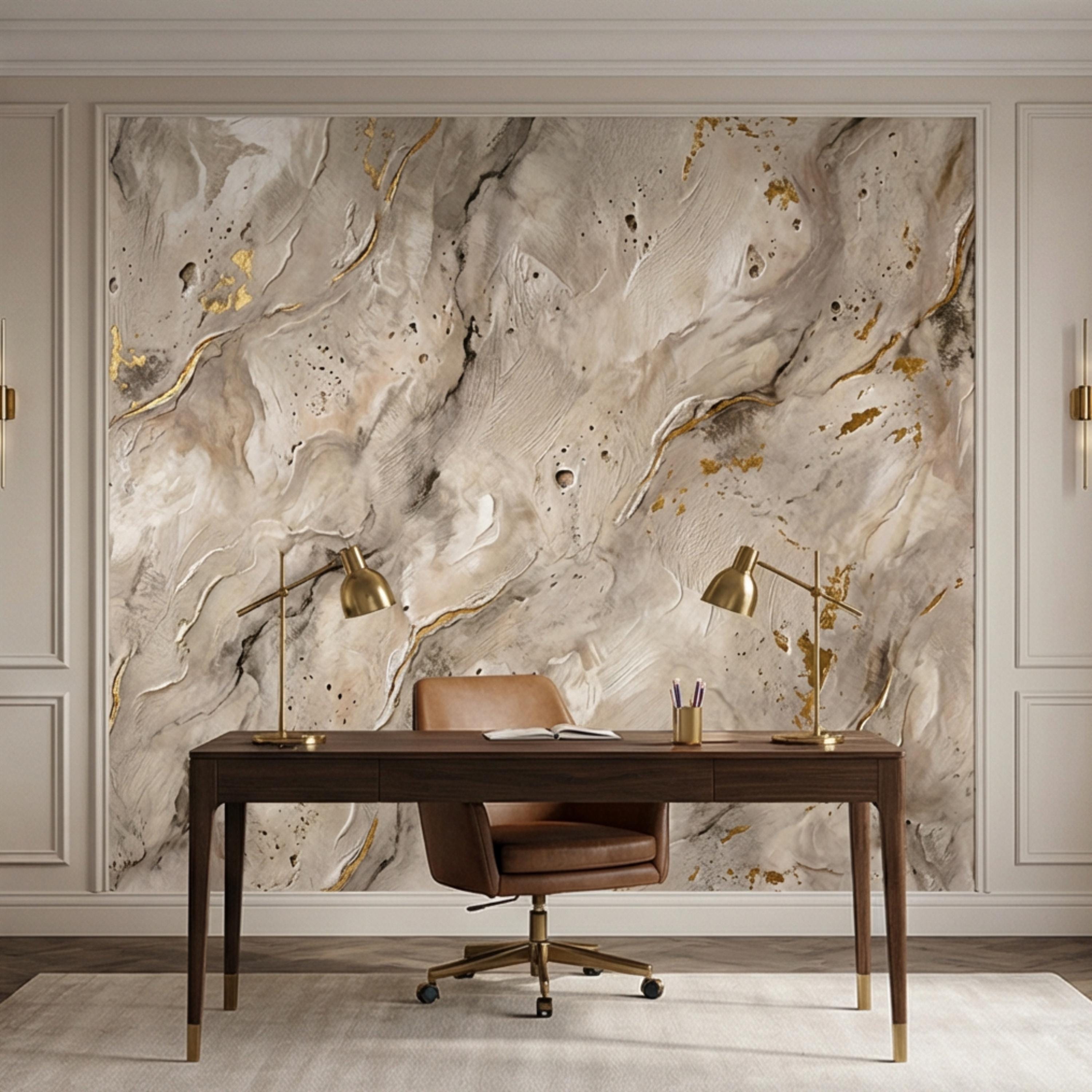 Modern Organic Neutral Beige Plaster Texture with Gold Accents Peel and Stick Wall Mural, Wabi Sabi Abstract Minimal Wallpaper