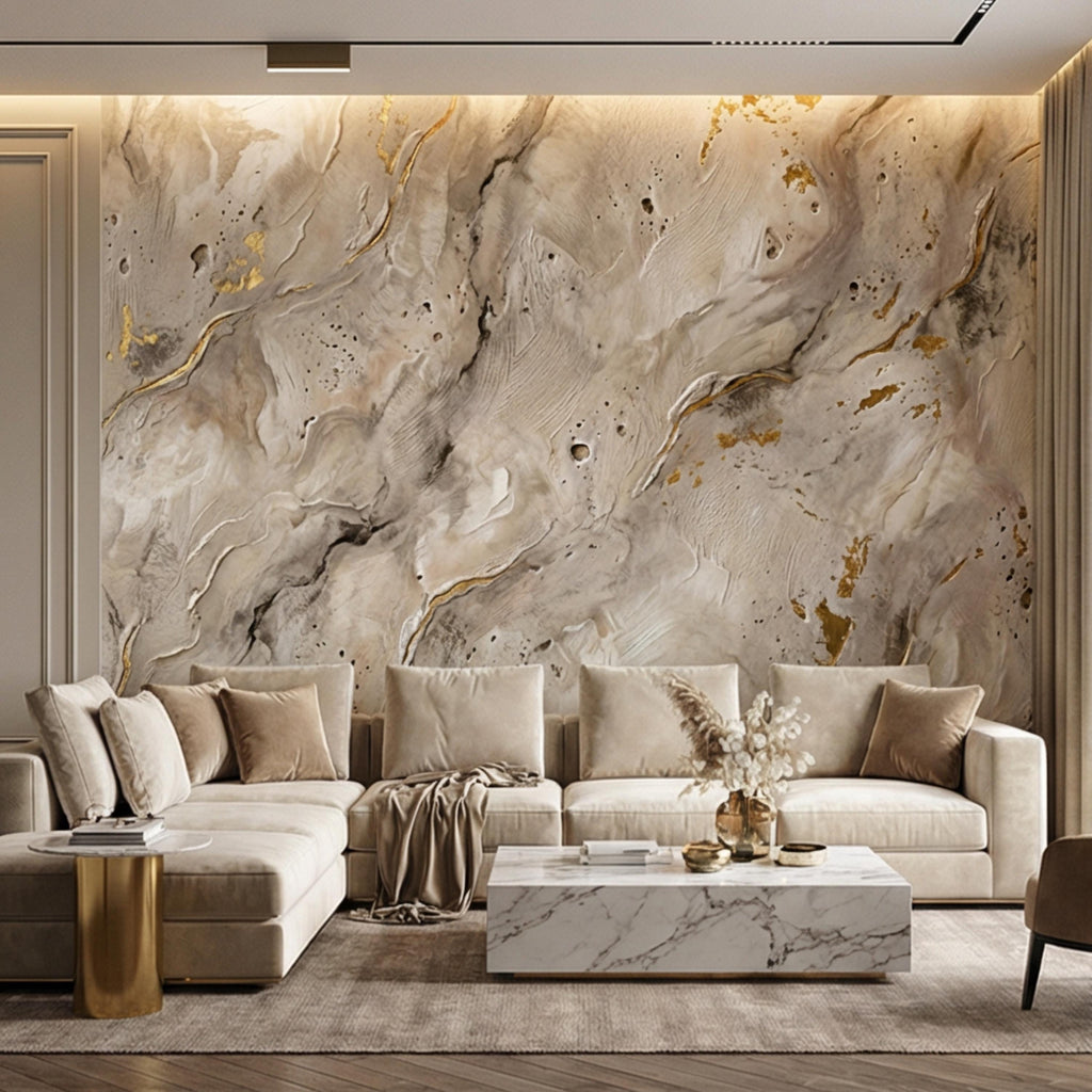 Modern Organic Neutral Beige Plaster Texture with Gold Accents Peel and Stick Wall Mural, Wabi Sabi Abstract Minimal Wallpaper