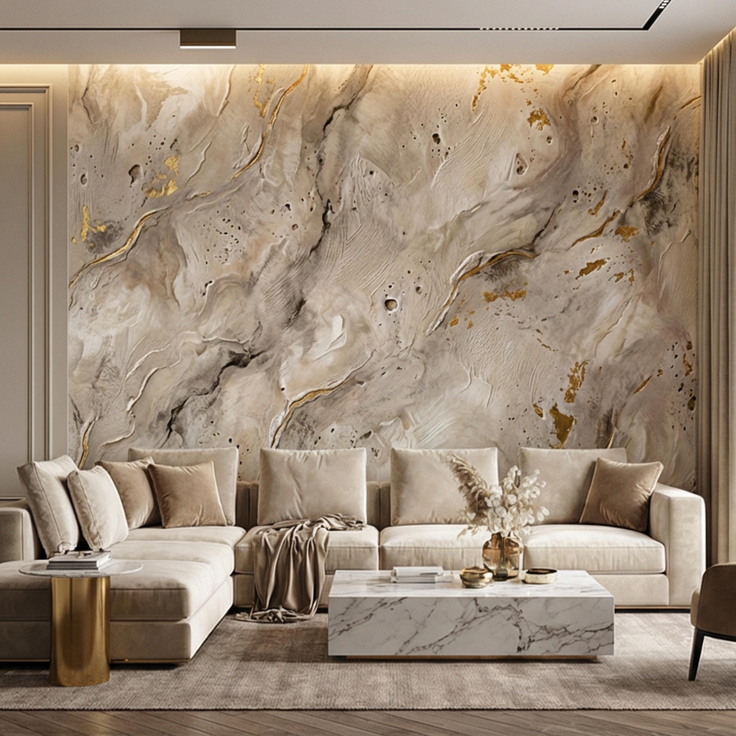 Modern Organic Neutral Beige Plaster Texture with Gold Accents Peel and Stick Wall Mural, Wabi Sabi Abstract Minimal Wallpaper