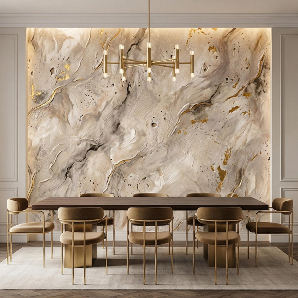 Modern Organic Neutral Beige Plaster Texture with Gold Accents Peel and Stick Wall Mural, Wabi Sabi Abstract Minimal Wallpaper