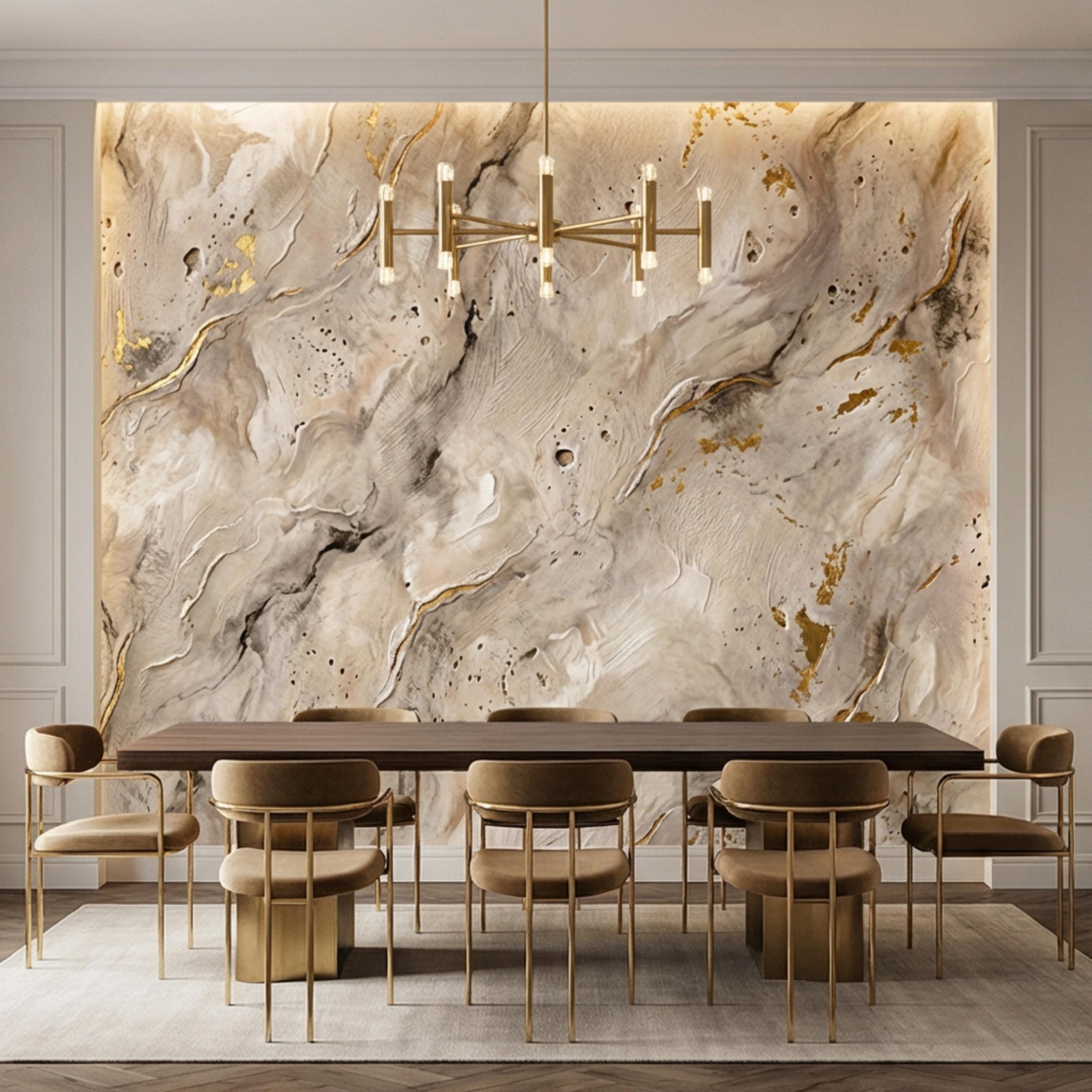 Modern Organic Neutral Beige Plaster Texture with Gold Accents Peel and Stick Wall Mural, Wabi Sabi Abstract Minimal Wallpaper