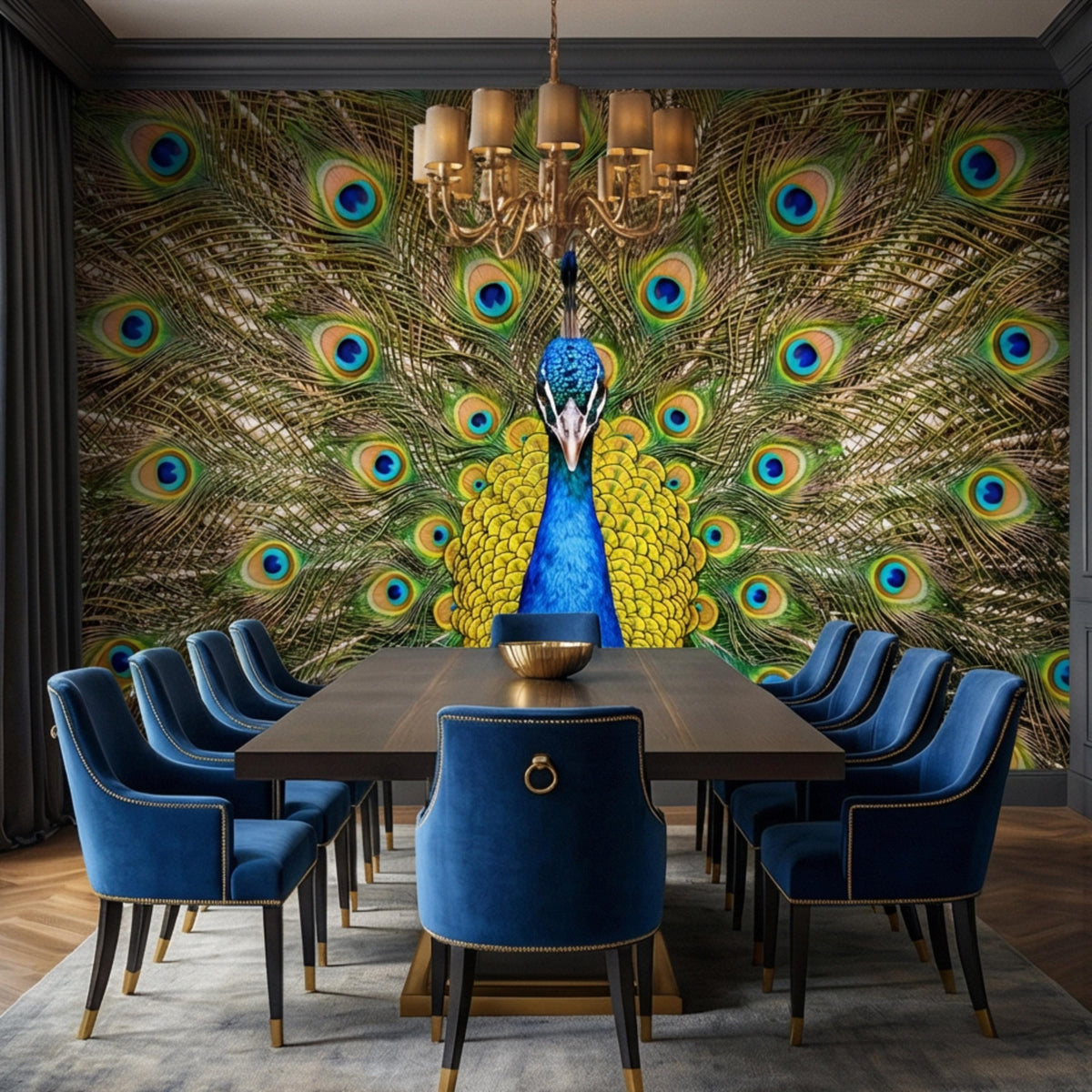 Peacock feather wall mural showing blue bird head, yellow scale body, and fanned feathers