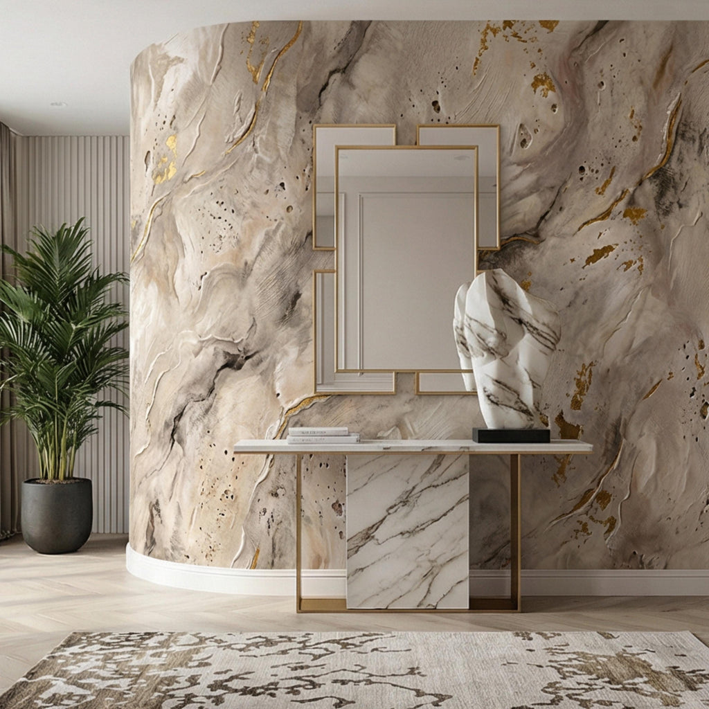 Modern Organic Neutral Beige Plaster Texture with Gold Accents Peel and Stick Wall Mural, Wabi Sabi Abstract Minimal Wallpaper