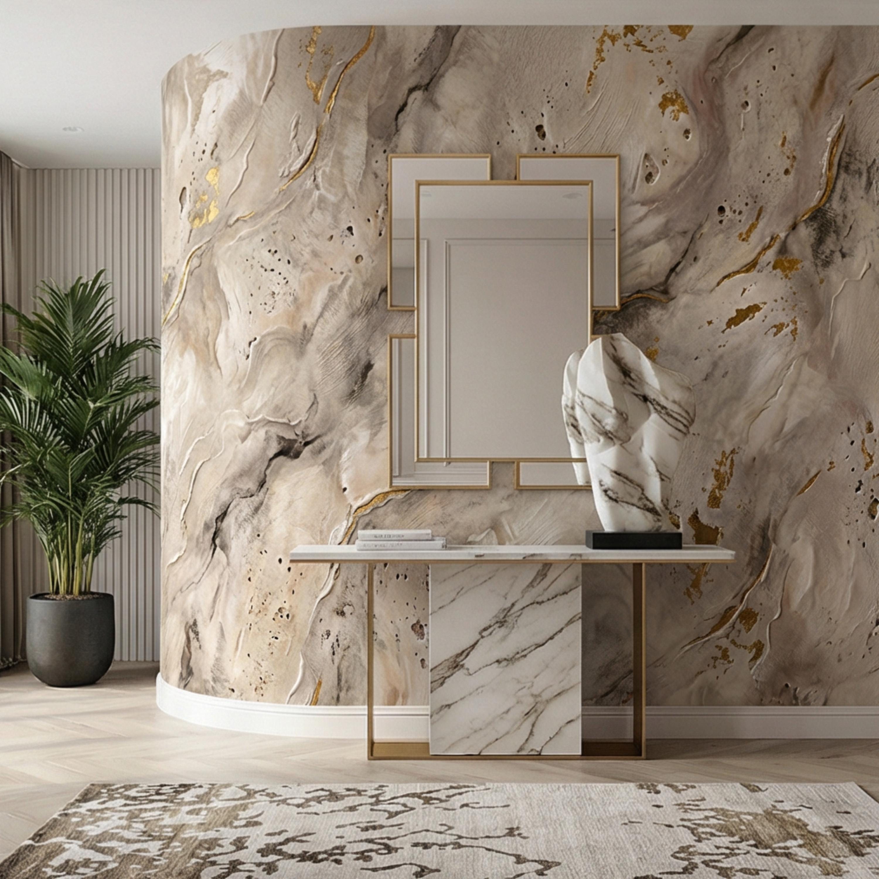 Modern Organic Neutral Beige Plaster Texture with Gold Accents Peel and Stick Wall Mural, Wabi Sabi Abstract Minimal Wallpaper