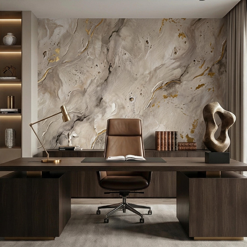 Modern Organic Neutral Beige Plaster Texture with Gold Accents Peel and Stick Wall Mural, Wabi Sabi Abstract Minimal Wallpaper