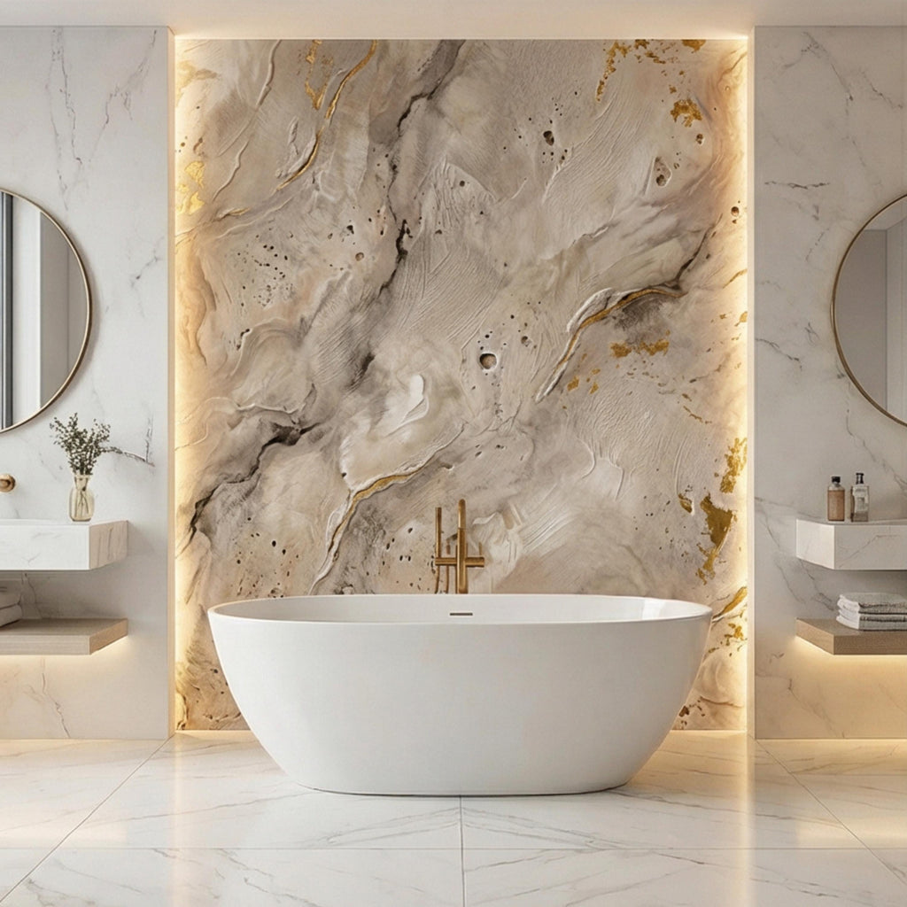 Modern Organic Neutral Beige Plaster Texture with Gold Accents Peel and Stick Wall Mural, Wabi Sabi Abstract Minimal Wallpaper