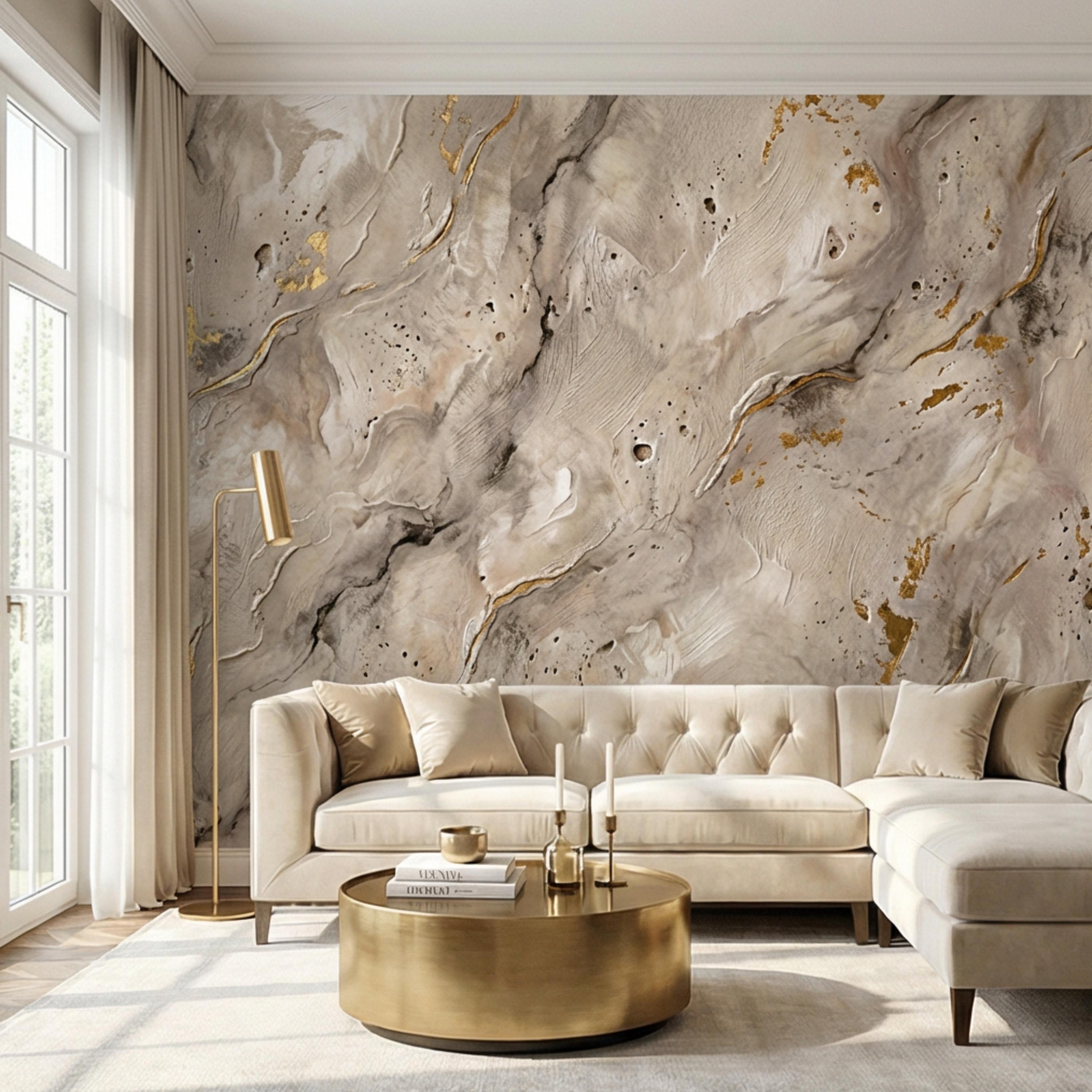 Modern Organic Neutral Beige Plaster Texture with Gold Accents Peel and Stick Wall Mural, Wabi Sabi Abstract Minimal Wallpaper