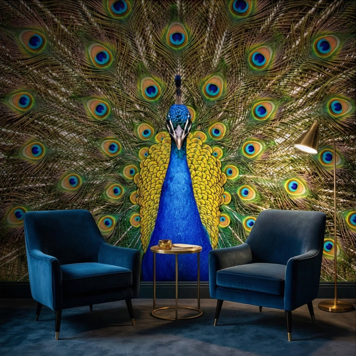 Peacock feather wall mural with centered blue-and-yellow bird and blue eye spots