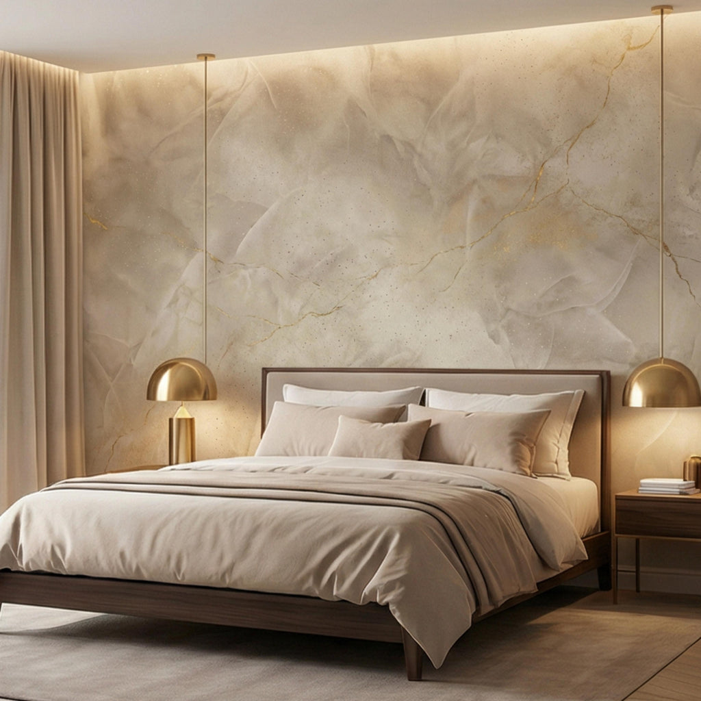 Neutral Cream Beige Plaster Texture with Gold Veins Peel and Stick Wall Mural, Modern Organic Wabi Sabi Abstract Wallpaper