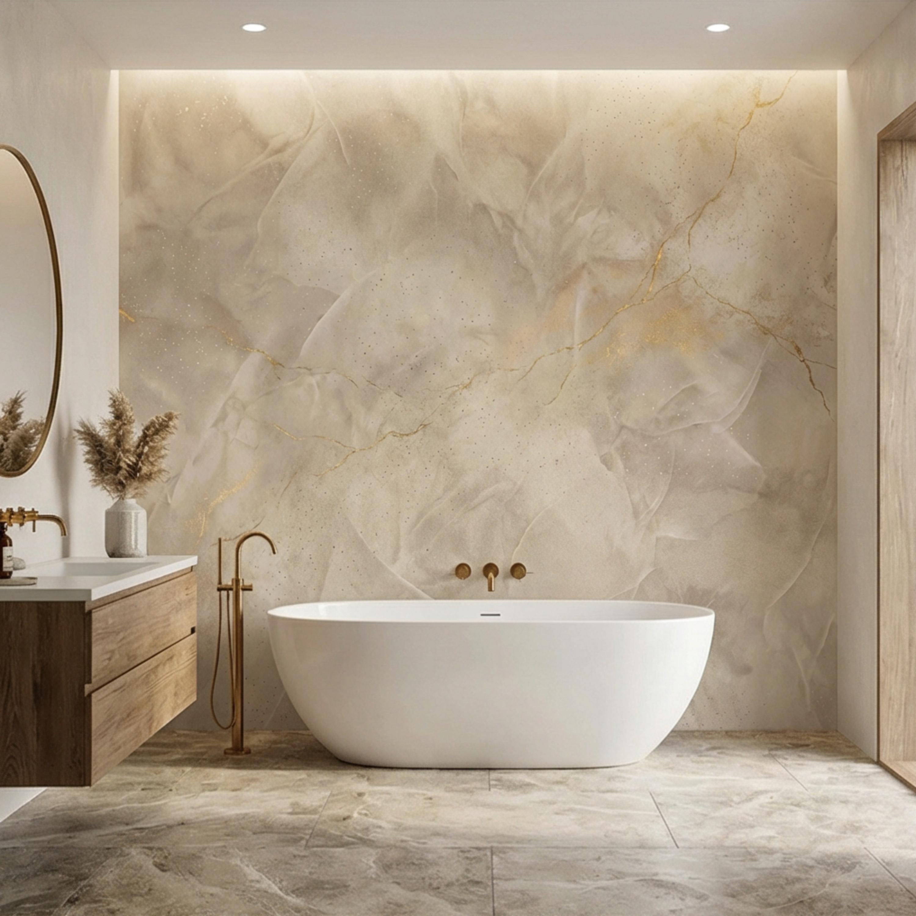 Neutral Cream Beige Plaster Texture with Gold Veins Peel and Stick Wall Mural, Modern Organic Wabi Sabi Abstract Wallpaper