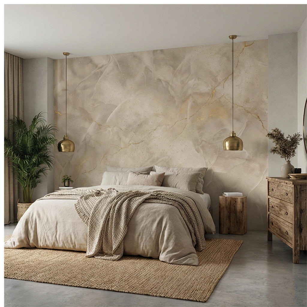 Neutral Cream Beige Plaster Texture with Gold Veins Peel and Stick Wall Mural, Modern Organic Wabi Sabi Abstract Wallpaper