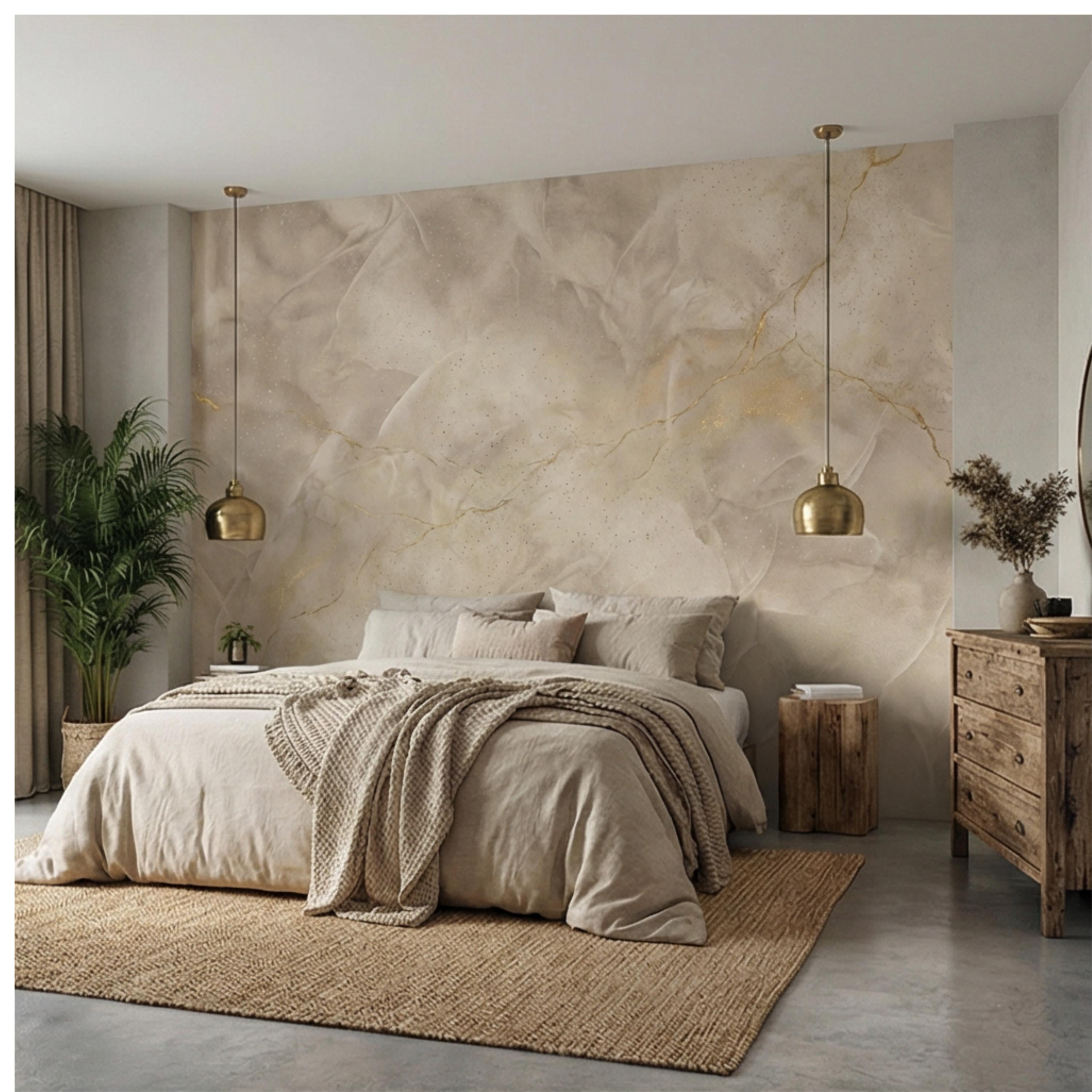 Neutral Cream Beige Plaster Texture with Gold Veins Peel and Stick Wall Mural, Modern Organic Wabi Sabi Abstract Wallpaper