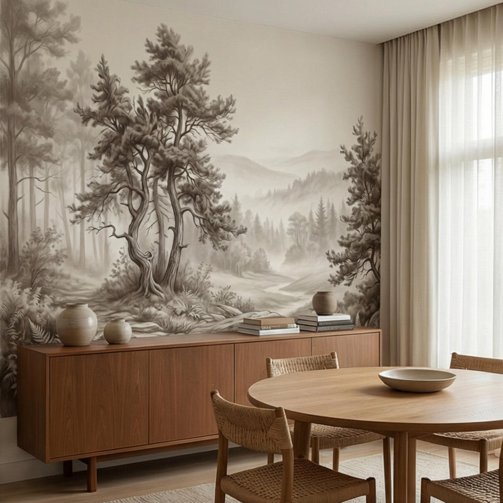 Misty Forest Peel and Stick Wall Mural, Neutral Woodland Landscape Wallpaper, Sepia Nature Wall Art for Bedroom Living Room
