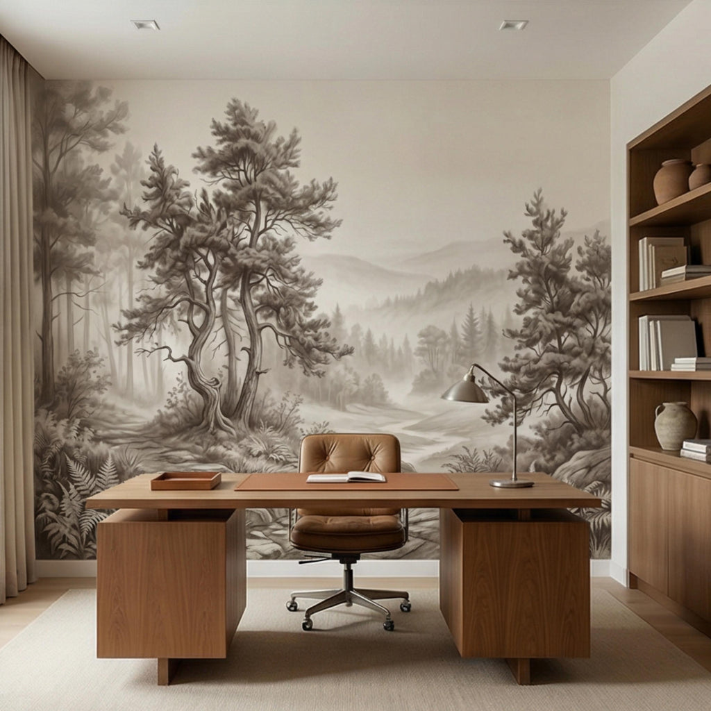 Misty Forest Peel and Stick Wall Mural, Neutral Woodland Landscape Wallpaper, Sepia Nature Wall Art for Bedroom Living Room