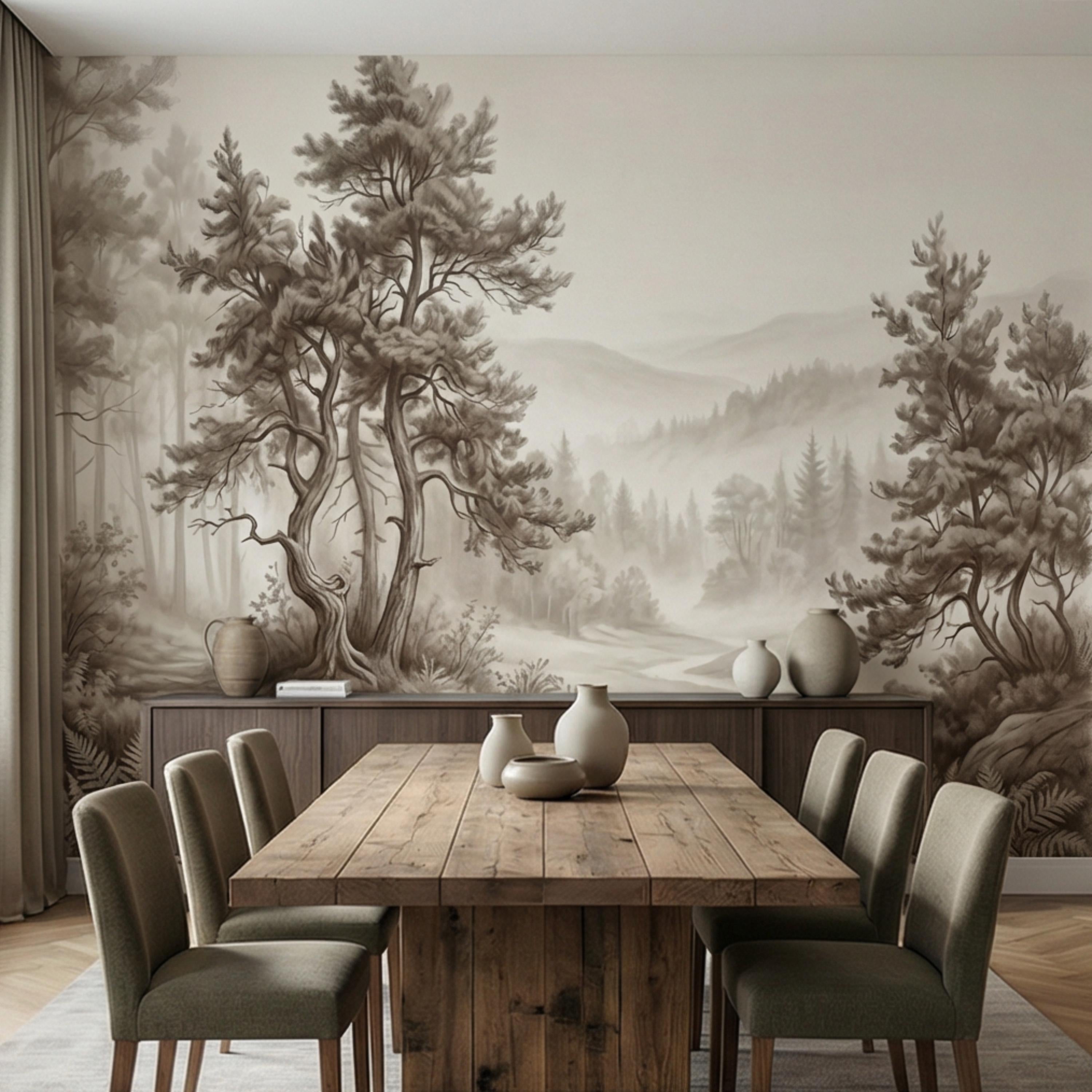 Misty Forest Peel and Stick Wall Mural, Neutral Woodland Landscape Wallpaper, Sepia Nature Wall Art for Bedroom Living Room