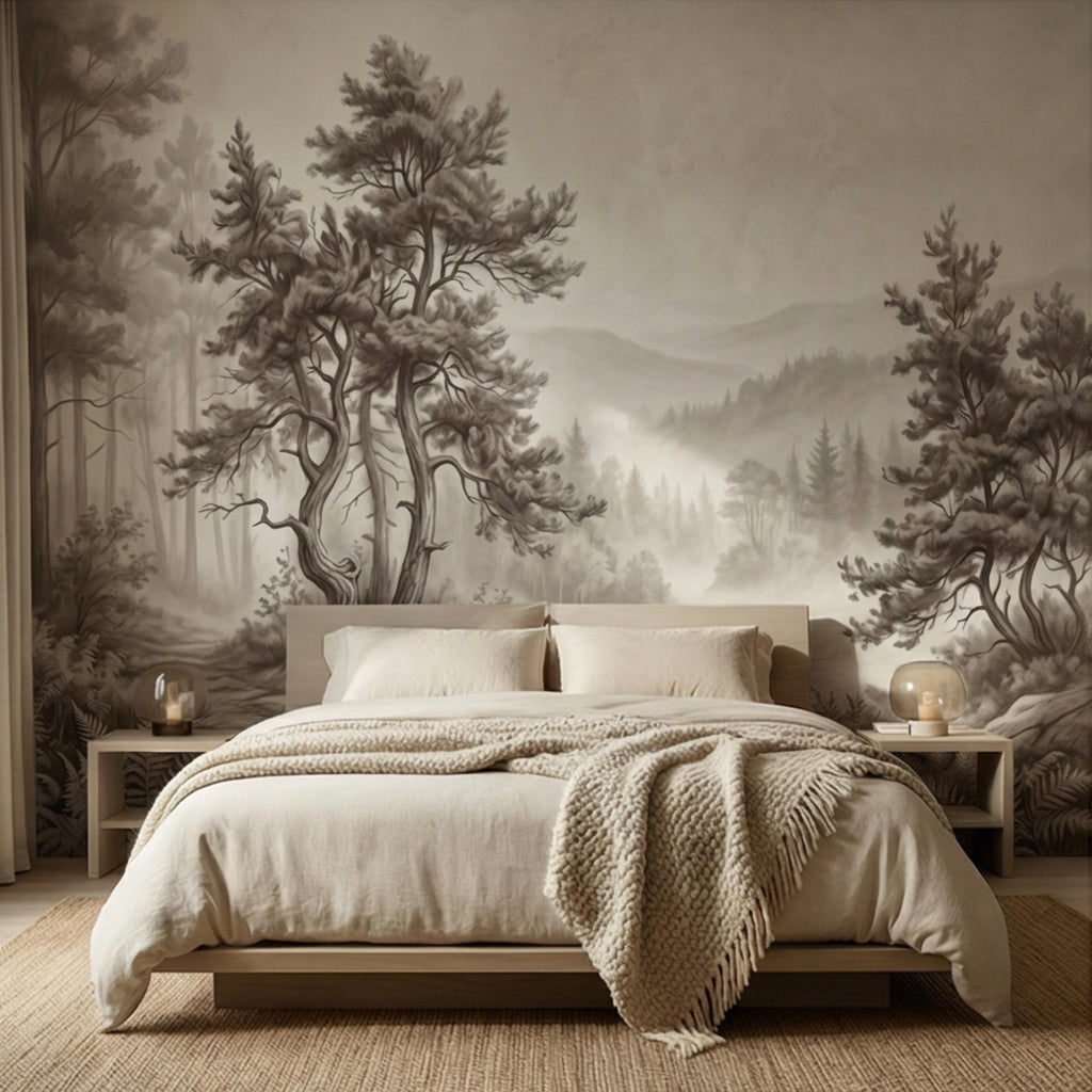 Misty Forest Peel and Stick Wall Mural, Neutral Woodland Landscape Wallpaper, Sepia Nature Wall Art for Bedroom Living Room