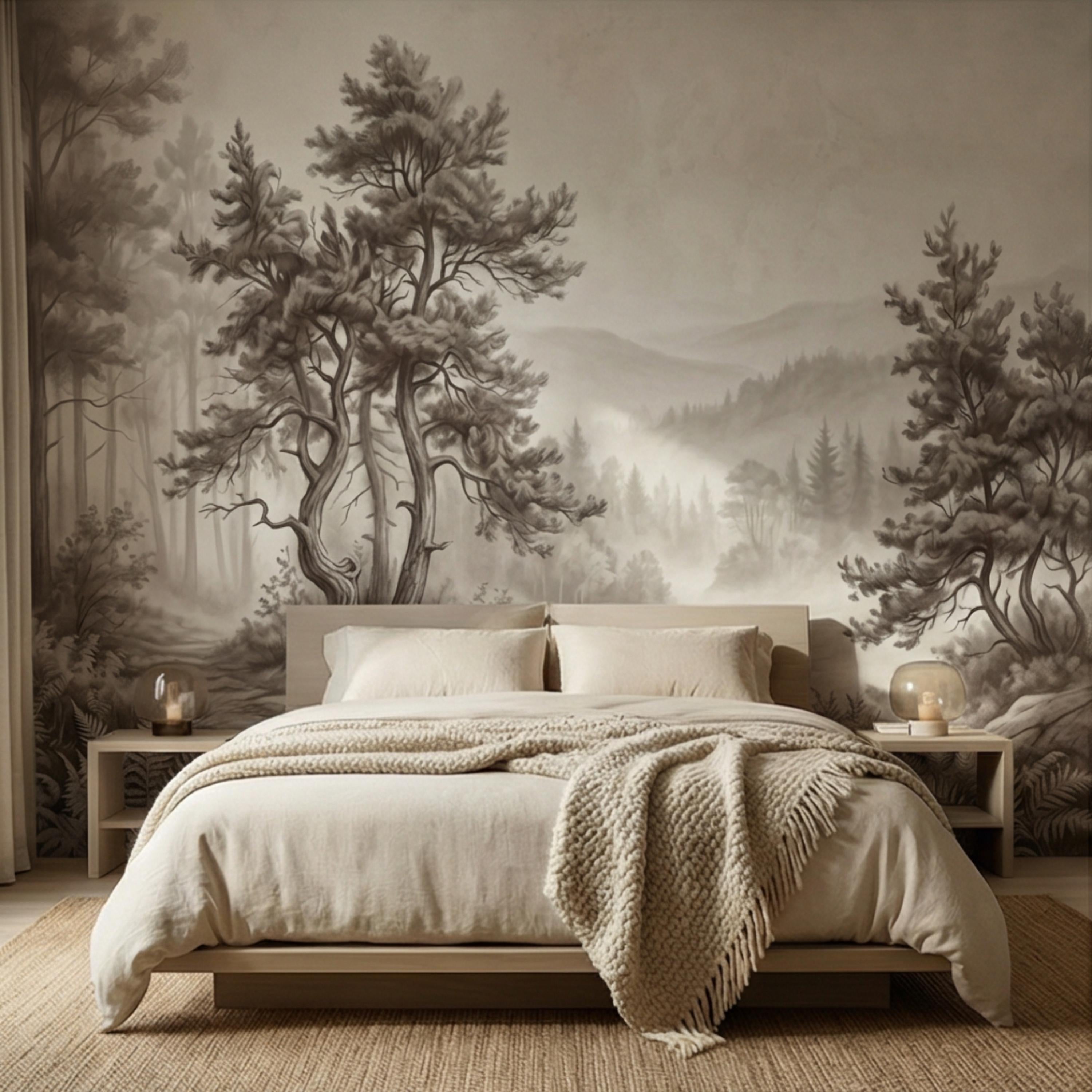 Misty Forest Peel and Stick Wall Mural, Neutral Woodland Landscape Wallpaper, Sepia Nature Wall Art for Bedroom Living Room