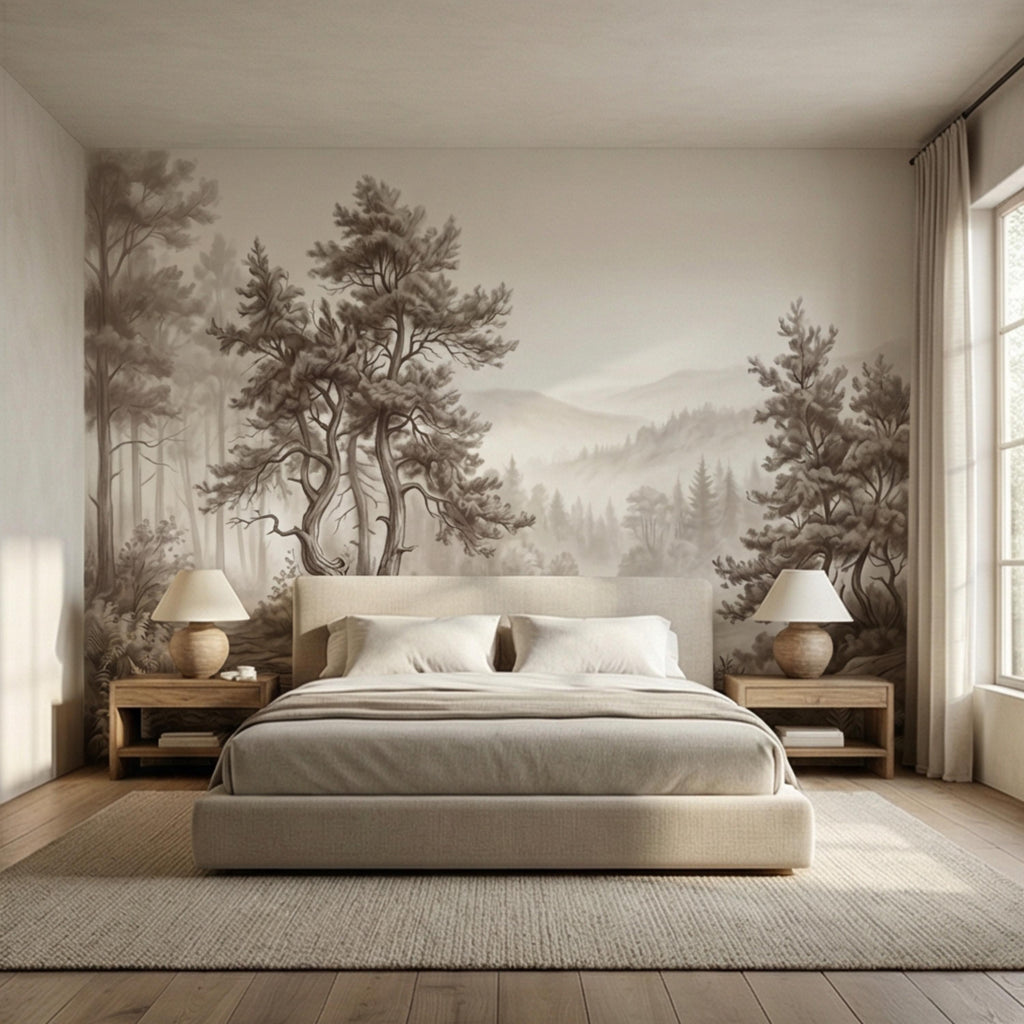 Misty Forest Peel and Stick Wall Mural, Neutral Woodland Landscape Wallpaper, Sepia Nature Wall Art for Bedroom Living Room