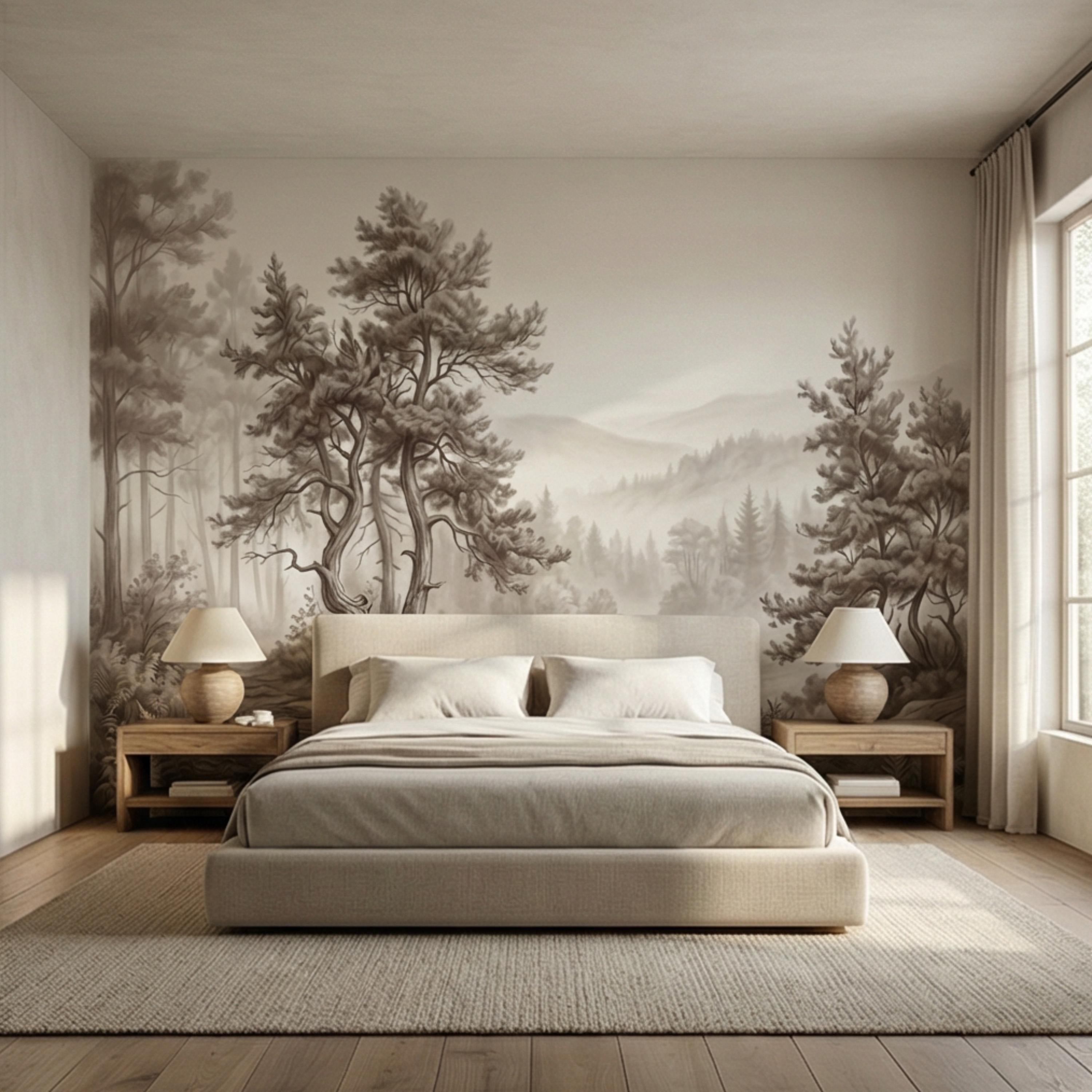 Misty Forest Peel and Stick Wall Mural, Neutral Woodland Landscape Wallpaper, Sepia Nature Wall Art for Bedroom Living Room