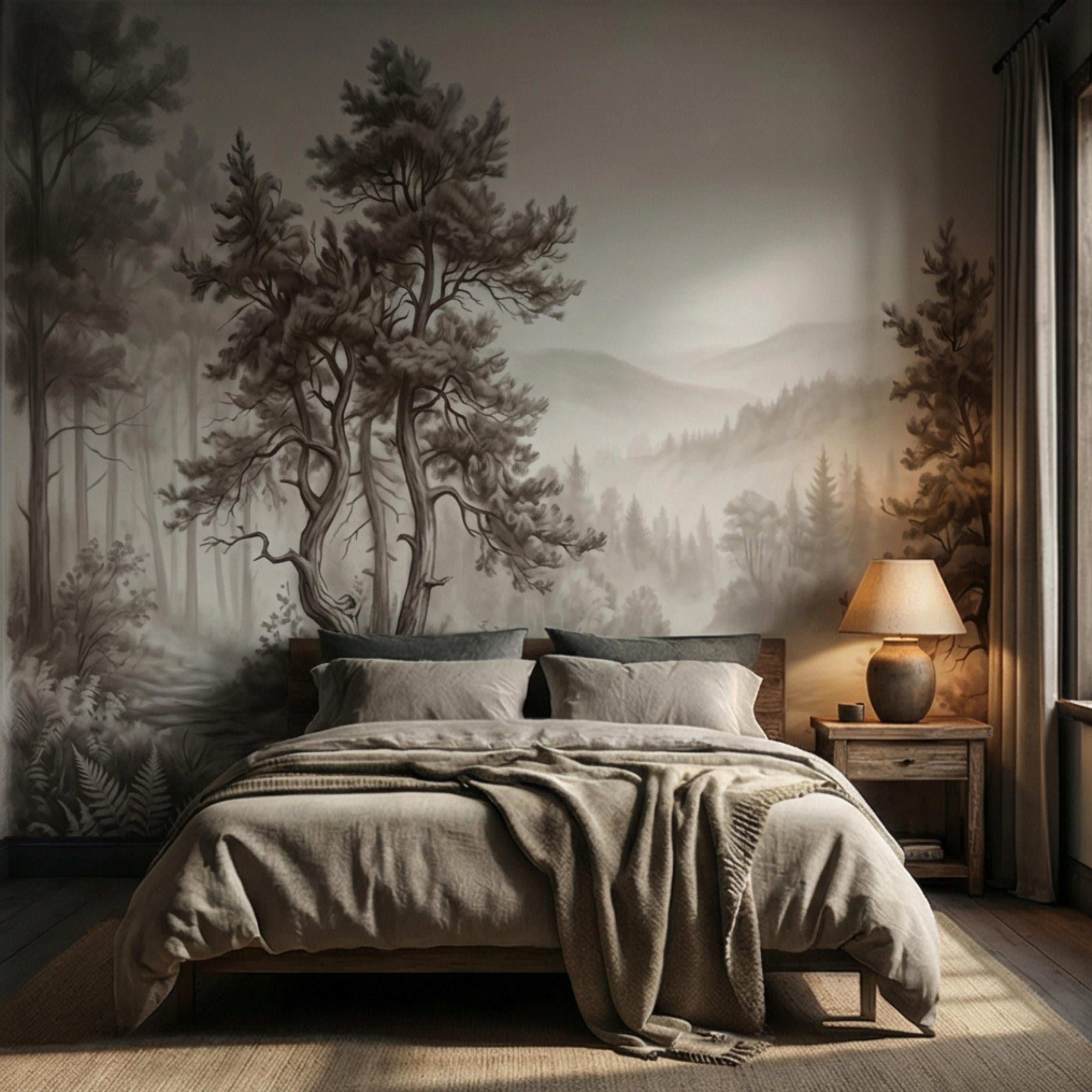 Misty Forest Peel and Stick Wall Mural, Neutral Woodland Landscape Wallpaper, Sepia Nature Wall Art for Bedroom Living Room