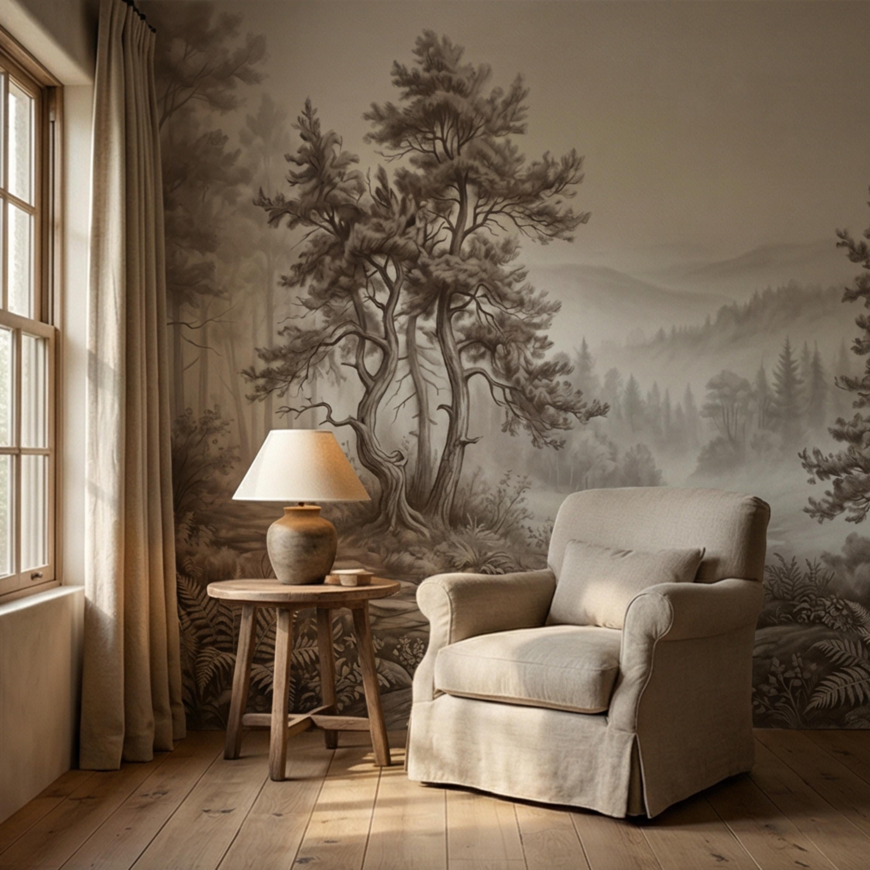 Misty Forest Peel and Stick Wall Mural, Neutral Woodland Landscape Wallpaper, Sepia Nature Wall Art for Bedroom Living Room