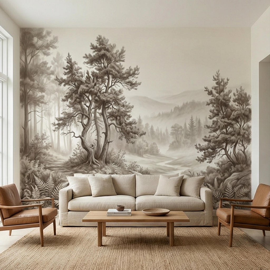 Misty Forest Peel and Stick Wall Mural, Neutral Woodland Landscape Wallpaper, Sepia Nature Wall Art for Bedroom Living Room