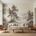 Misty Forest Peel and Stick Wall Mural, Neutral Woodland Landscape Wallpaper, Sepia Nature Wall Art for Bedroom Living Room