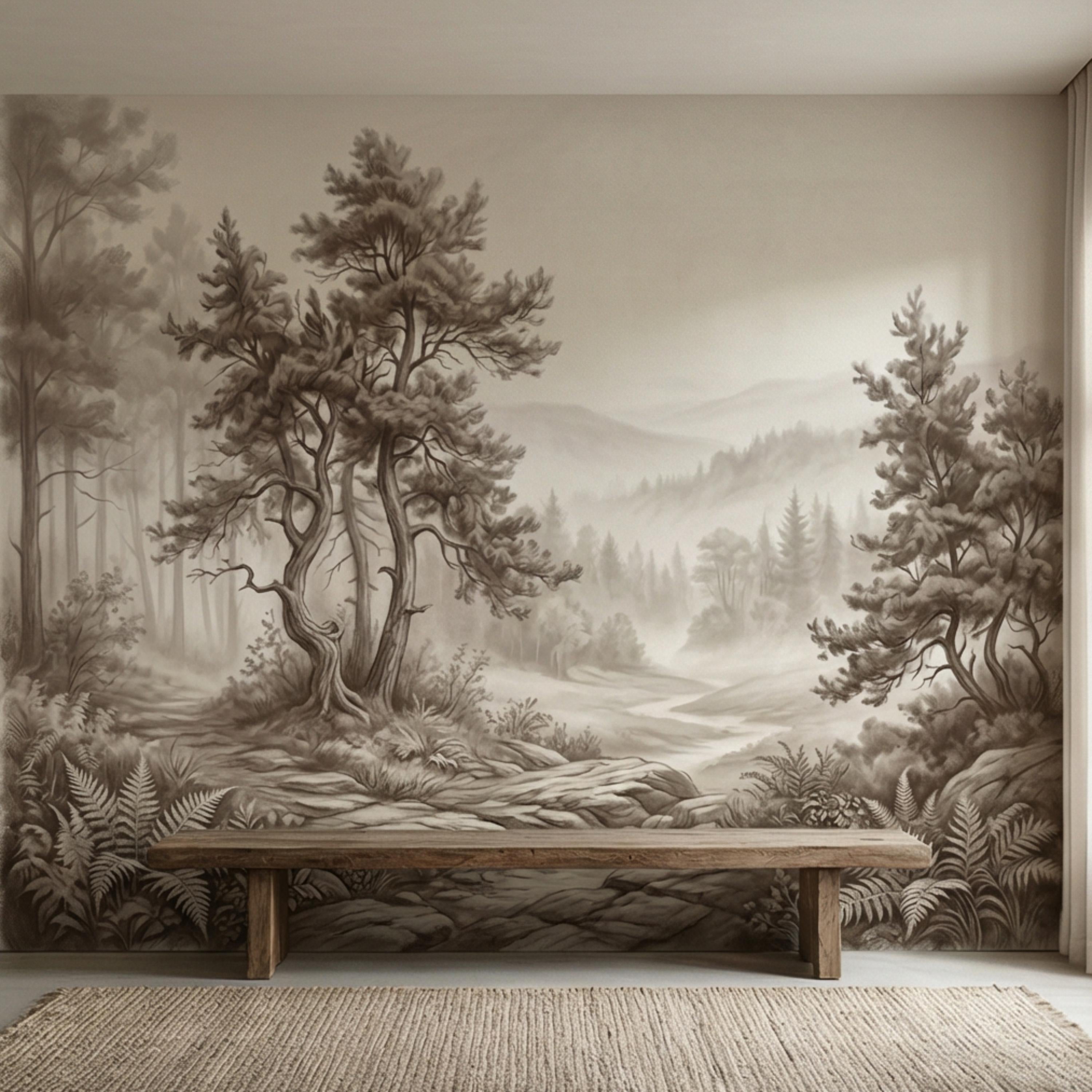 Misty Forest Peel and Stick Wall Mural, Neutral Woodland Landscape Wallpaper, Sepia Nature Wall Art for Bedroom Living Room