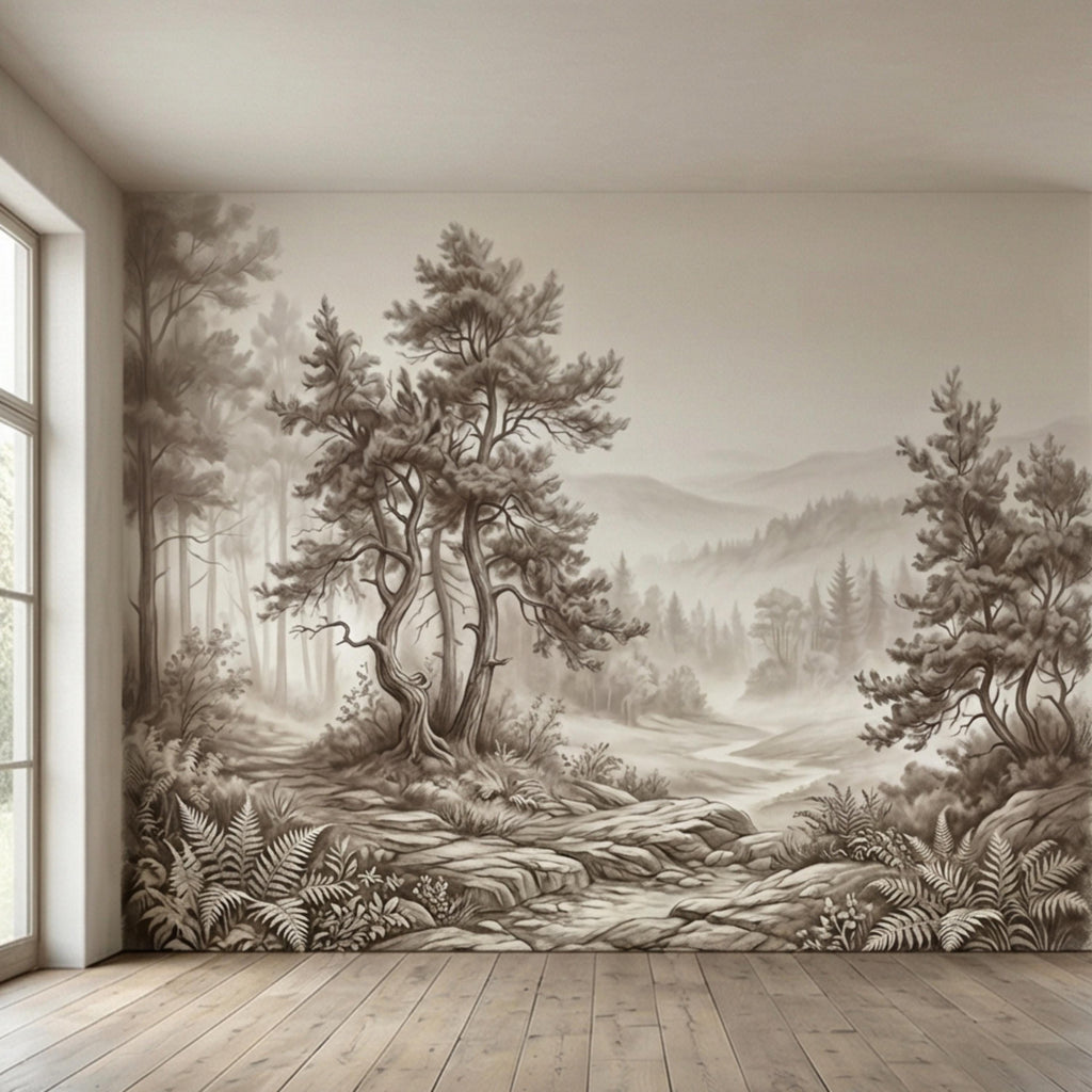 Misty Forest Peel and Stick Wall Mural, Neutral Woodland Landscape Wallpaper, Sepia Nature Wall Art for Bedroom Living Room