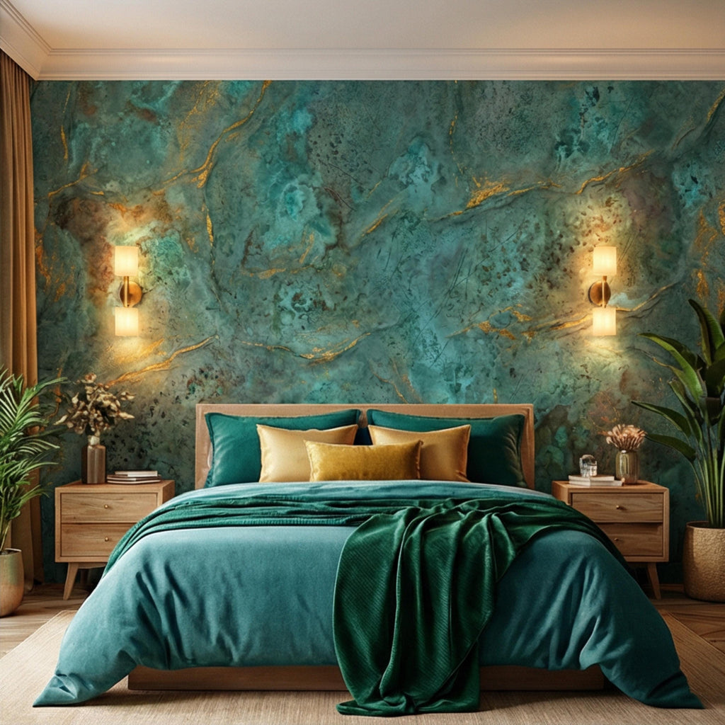 Modern Abstract Teal Plaster Patina Texture with Gold Veins Peel and Stick Wall Mural, Modern Organic Wabi Sabi Wallpaper