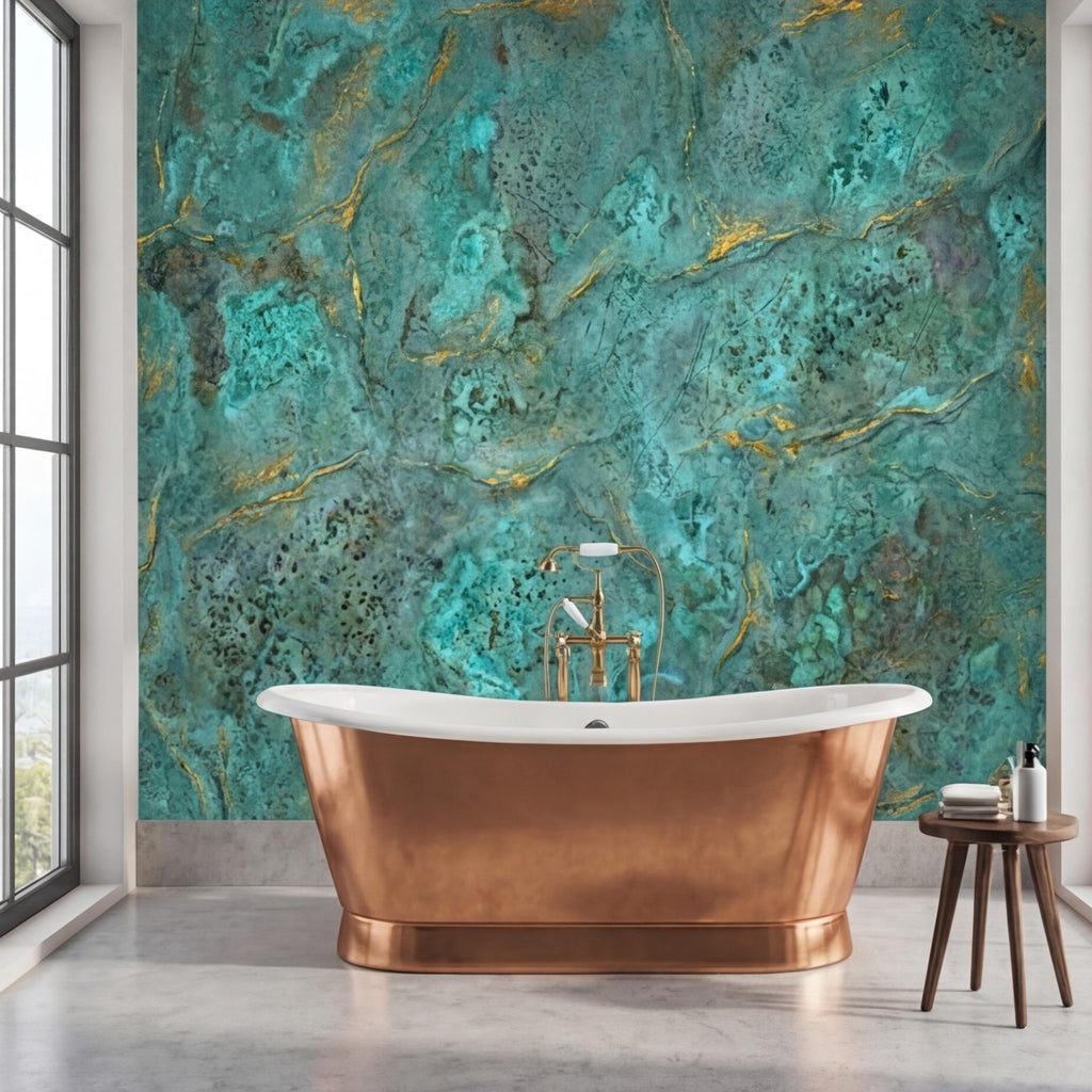 Modern Abstract Teal Plaster Patina Texture with Gold Veins Peel and Stick Wall Mural, Modern Organic Wabi Sabi Wallpaper