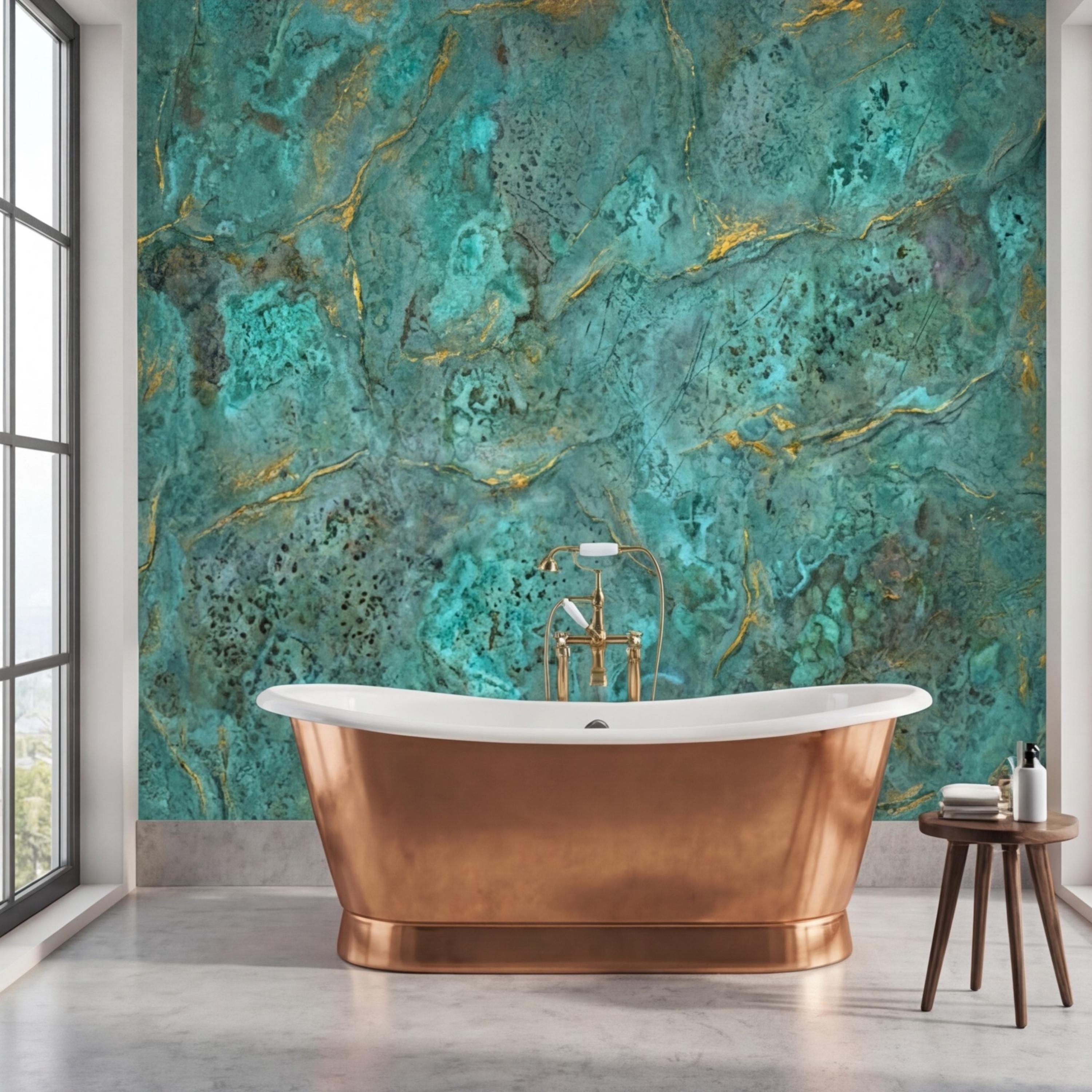 Modern Abstract Teal Plaster Patina Texture with Gold Veins Peel and Stick Wall Mural, Modern Organic Wabi Sabi Wallpaper