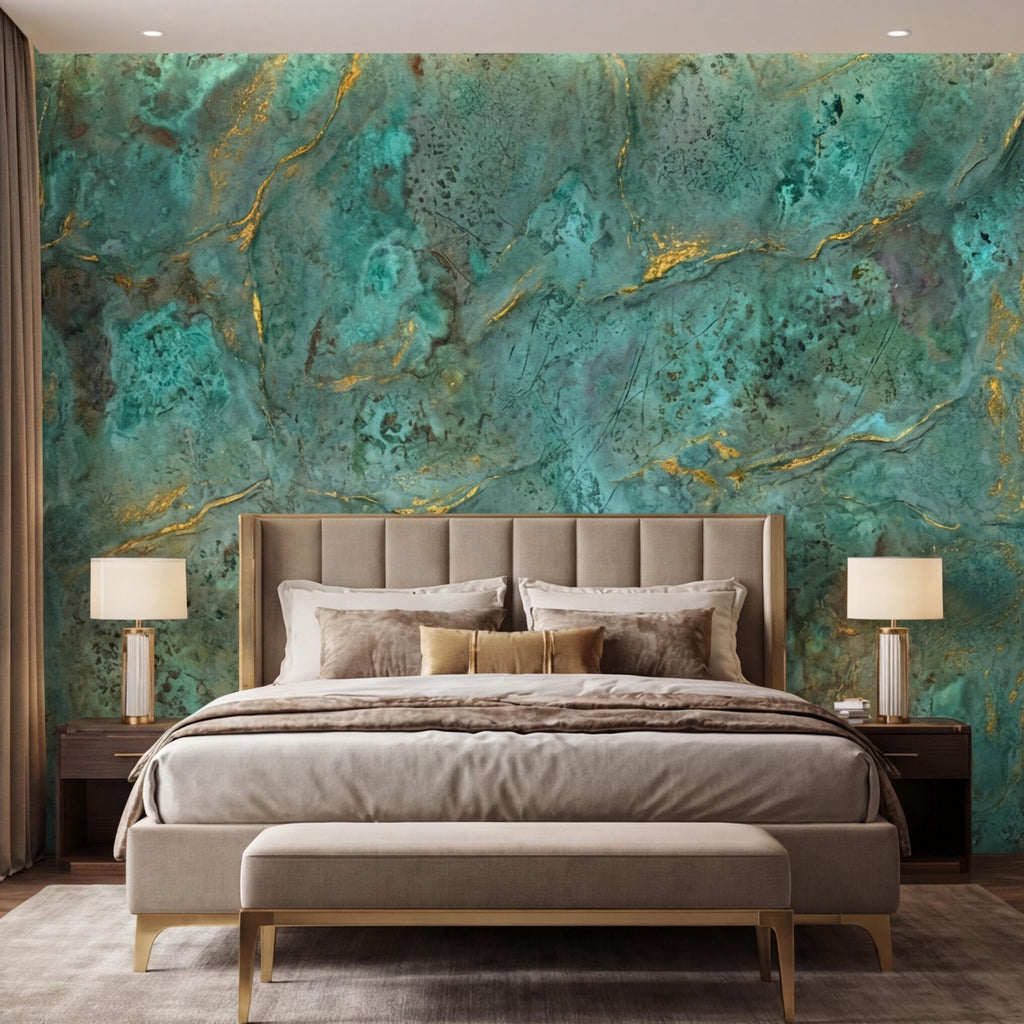 Modern Abstract Teal Plaster Patina Texture with Gold Veins Peel and Stick Wall Mural, Modern Organic Wabi Sabi Wallpaper