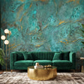 Modern Abstract Teal Plaster Patina Texture with Gold Veins Peel and Stick Wall Mural, Modern Organic Wabi Sabi Wallpaper