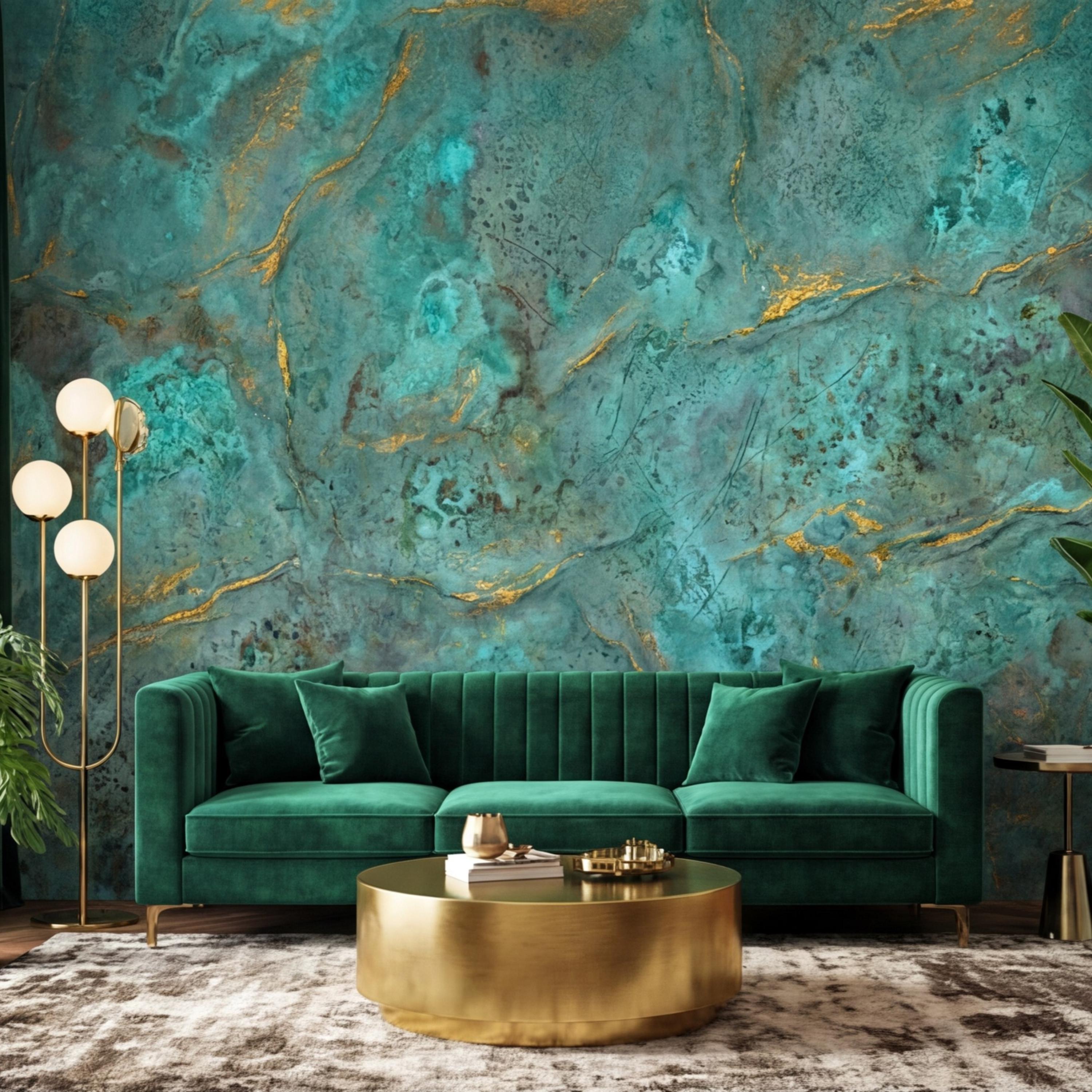Modern Abstract Teal Plaster Patina Texture with Gold Veins Peel and Stick Wall Mural, Modern Organic Wabi Sabi Wallpaper