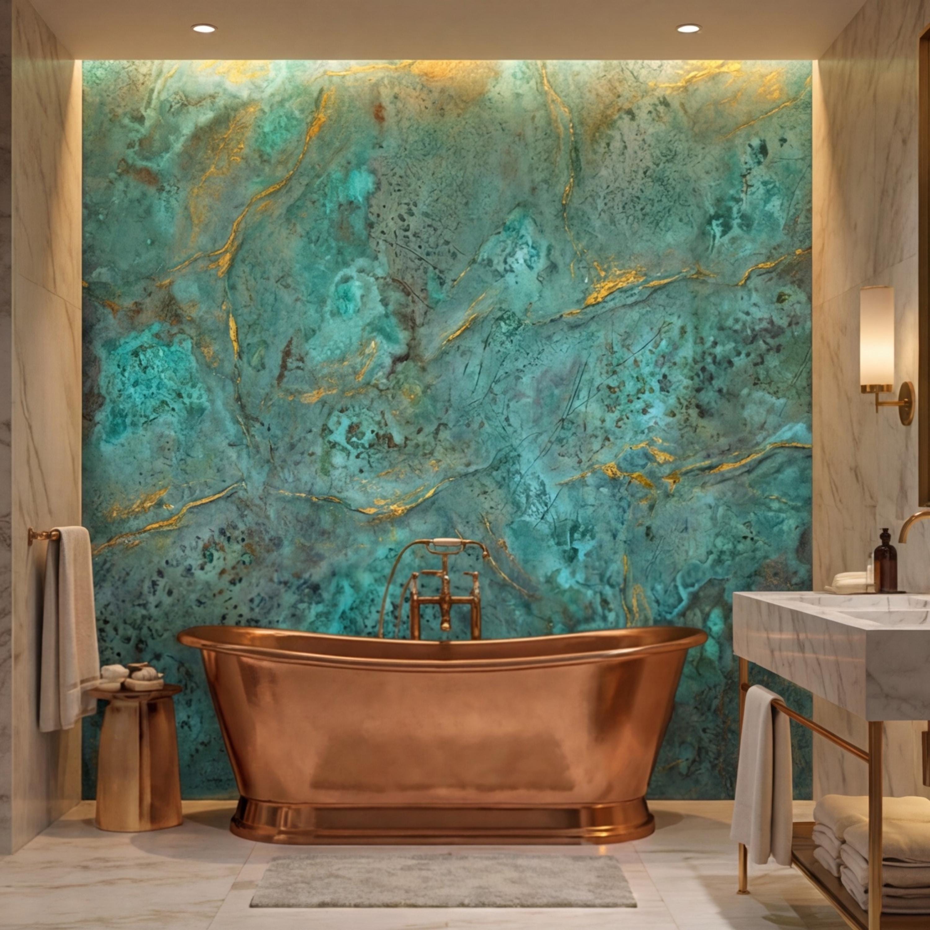 Modern Abstract Teal Plaster Patina Texture with Gold Veins Peel and Stick Wall Mural, Modern Organic Wabi Sabi Wallpaper