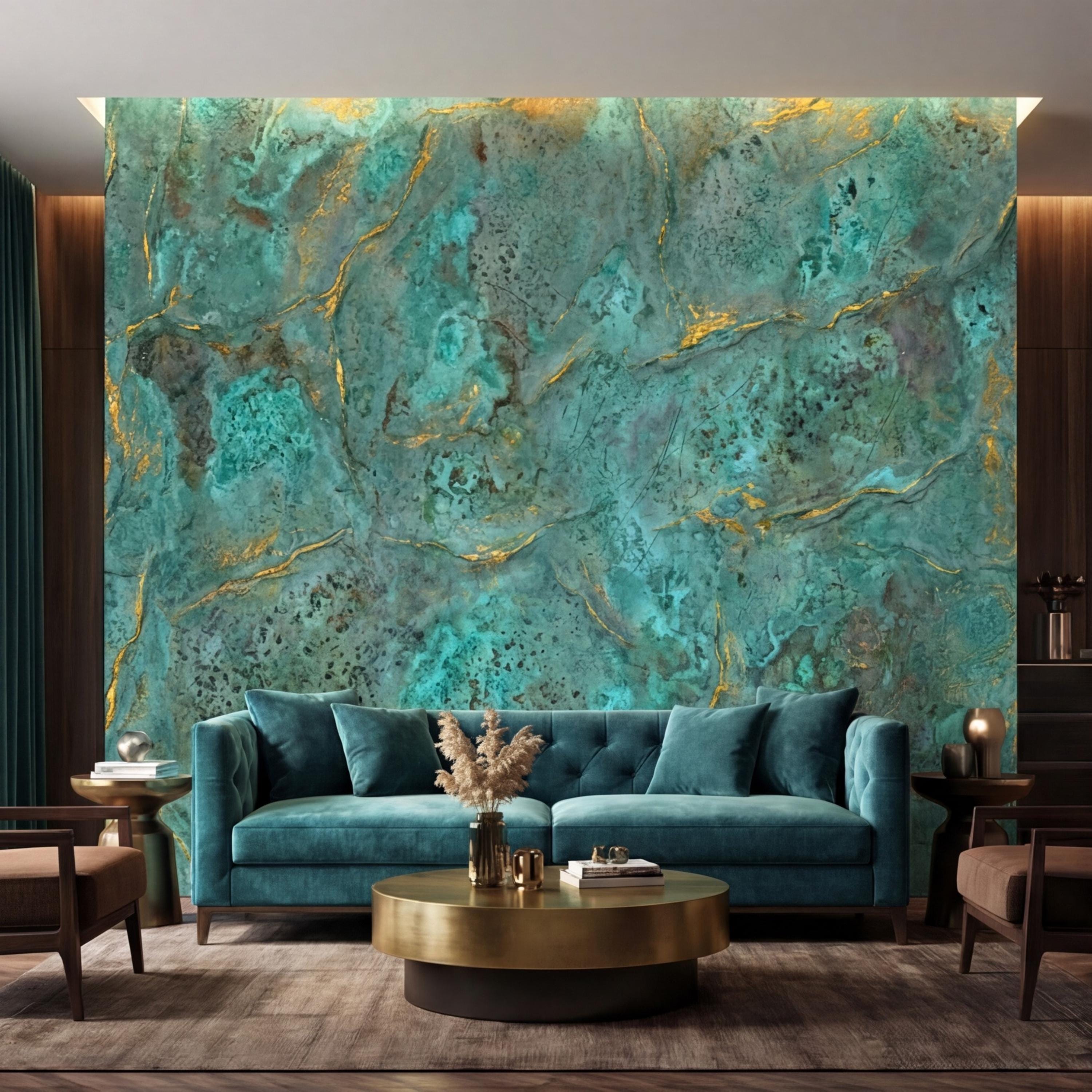 Modern Abstract Teal Plaster Patina Texture with Gold Veins Peel and Stick Wall Mural, Modern Organic Wabi Sabi Wallpaper