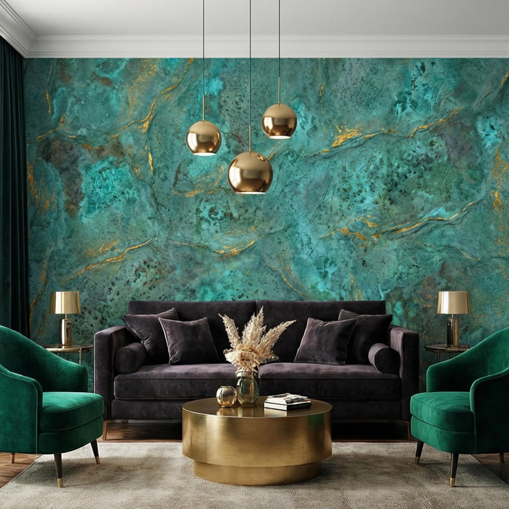 Modern Abstract Teal Plaster Patina Texture with Gold Veins Peel and Stick Wall Mural, Modern Organic Wabi Sabi Wallpaper