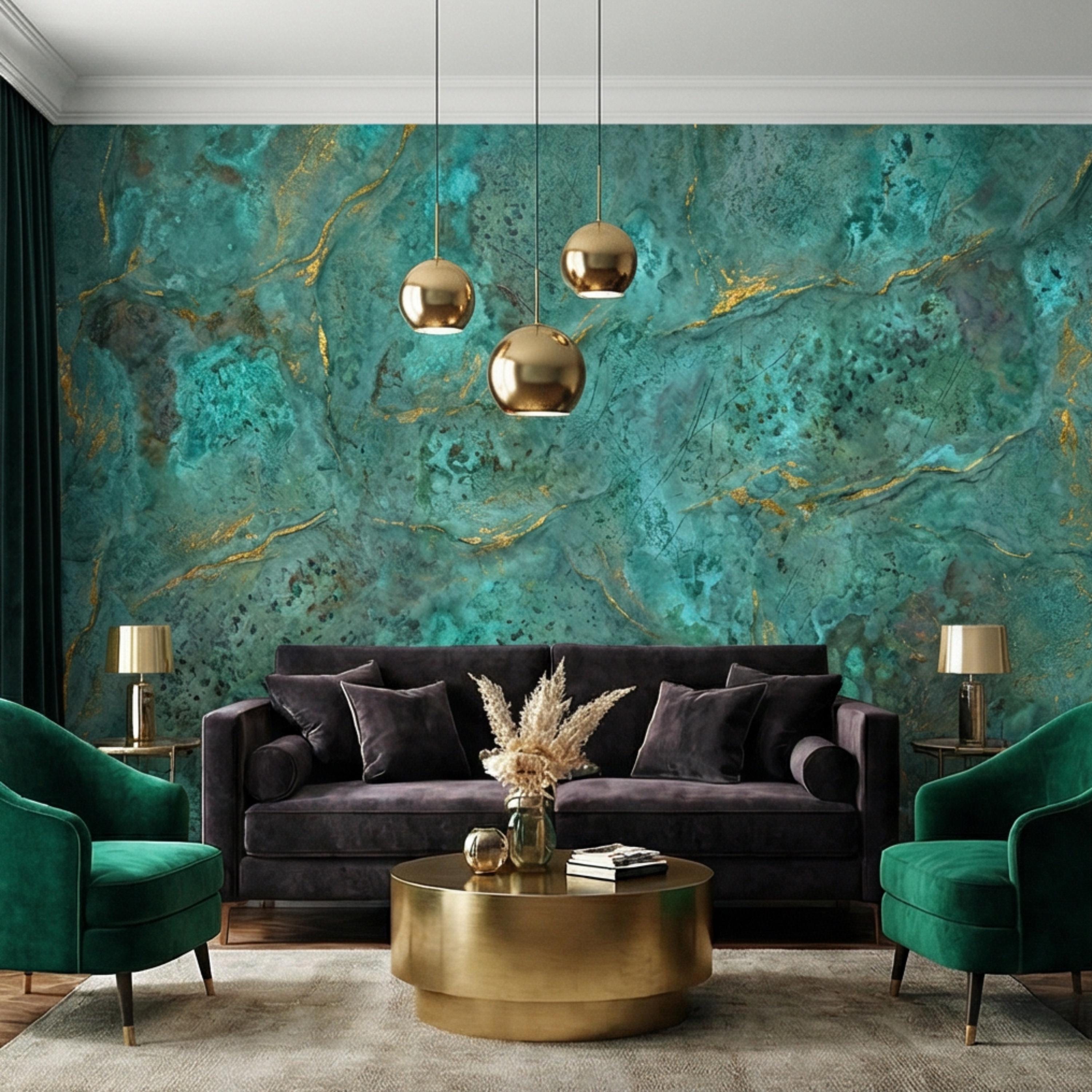 Modern Abstract Teal Plaster Patina Texture with Gold Veins Peel and Stick Wall Mural, Modern Organic Wabi Sabi Wallpaper