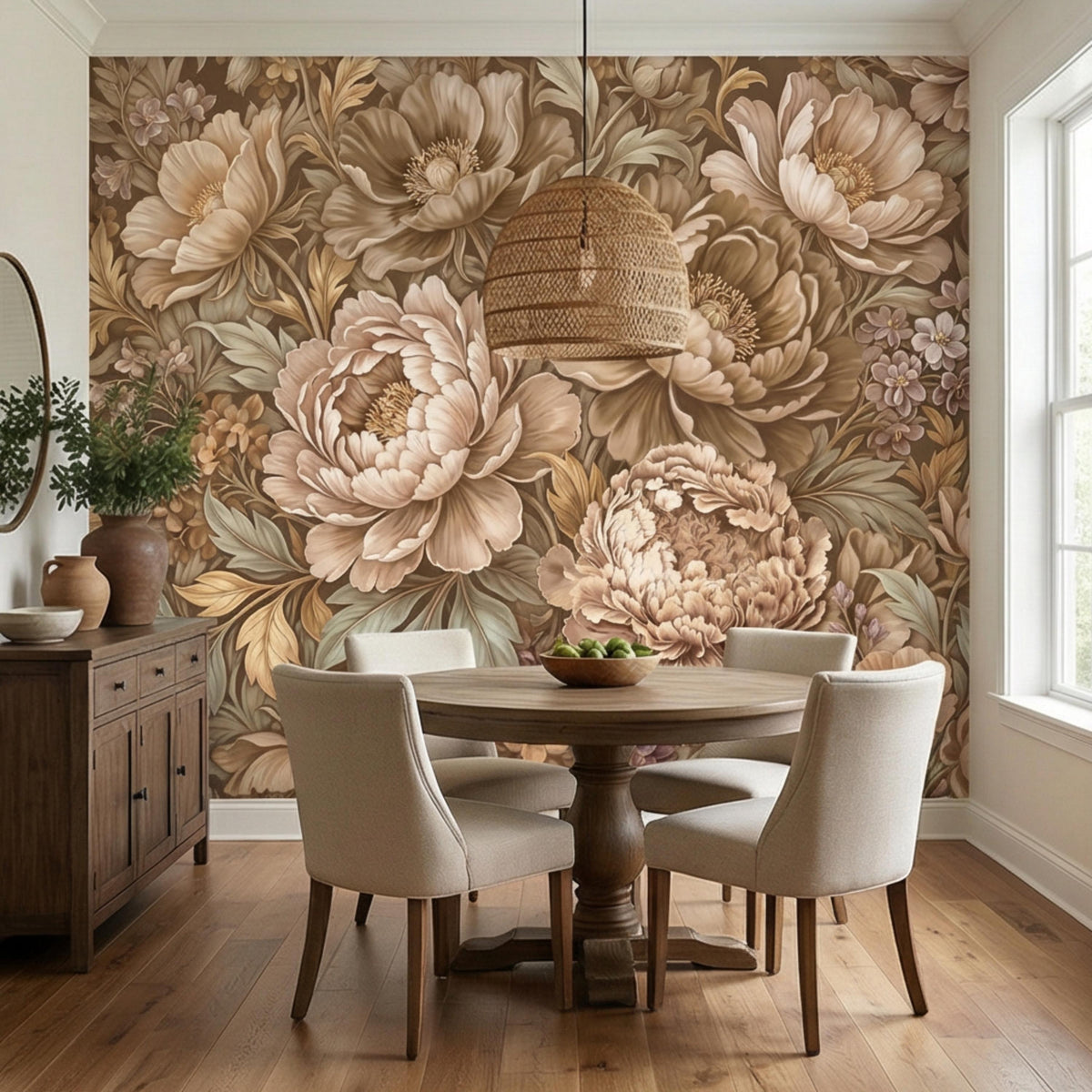 Beige peony floral wall mural with cream blossoms and leafy vine accents