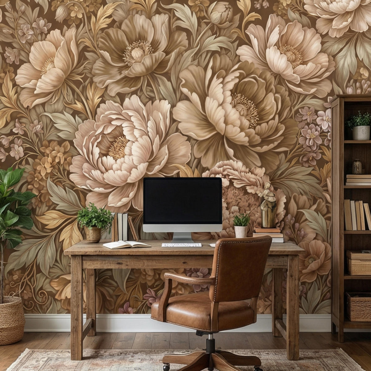 Beige peony and leaf botanical wall mural pattern with layered flowers across the wall