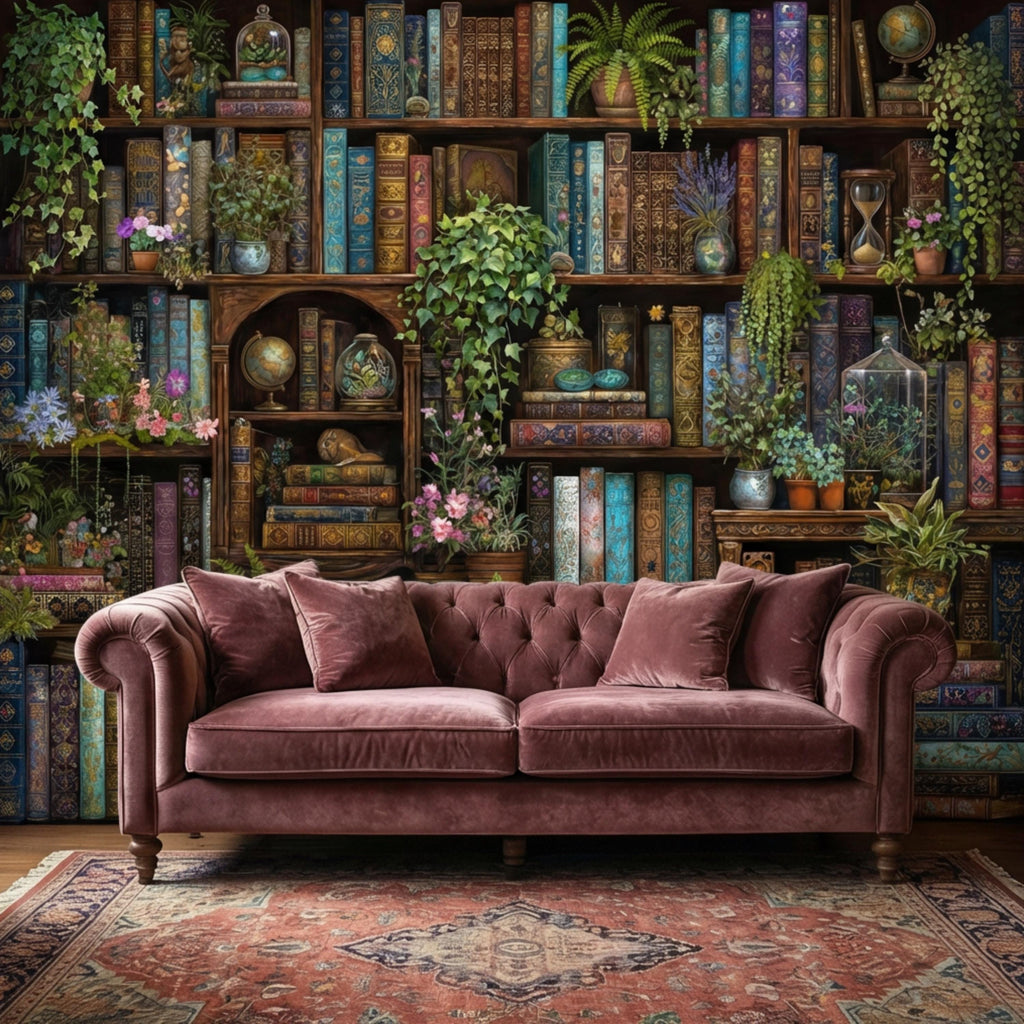 Vintage Library Bookshelf with Plants, Dark Academia Study, Antique Bookcase Bookshelves Peel and Stick Wall Mural