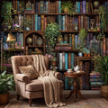 Vintage Library Bookshelf with Plants, Dark Academia Study, Antique Bookcase Bookshelves Peel and Stick Wall Mural