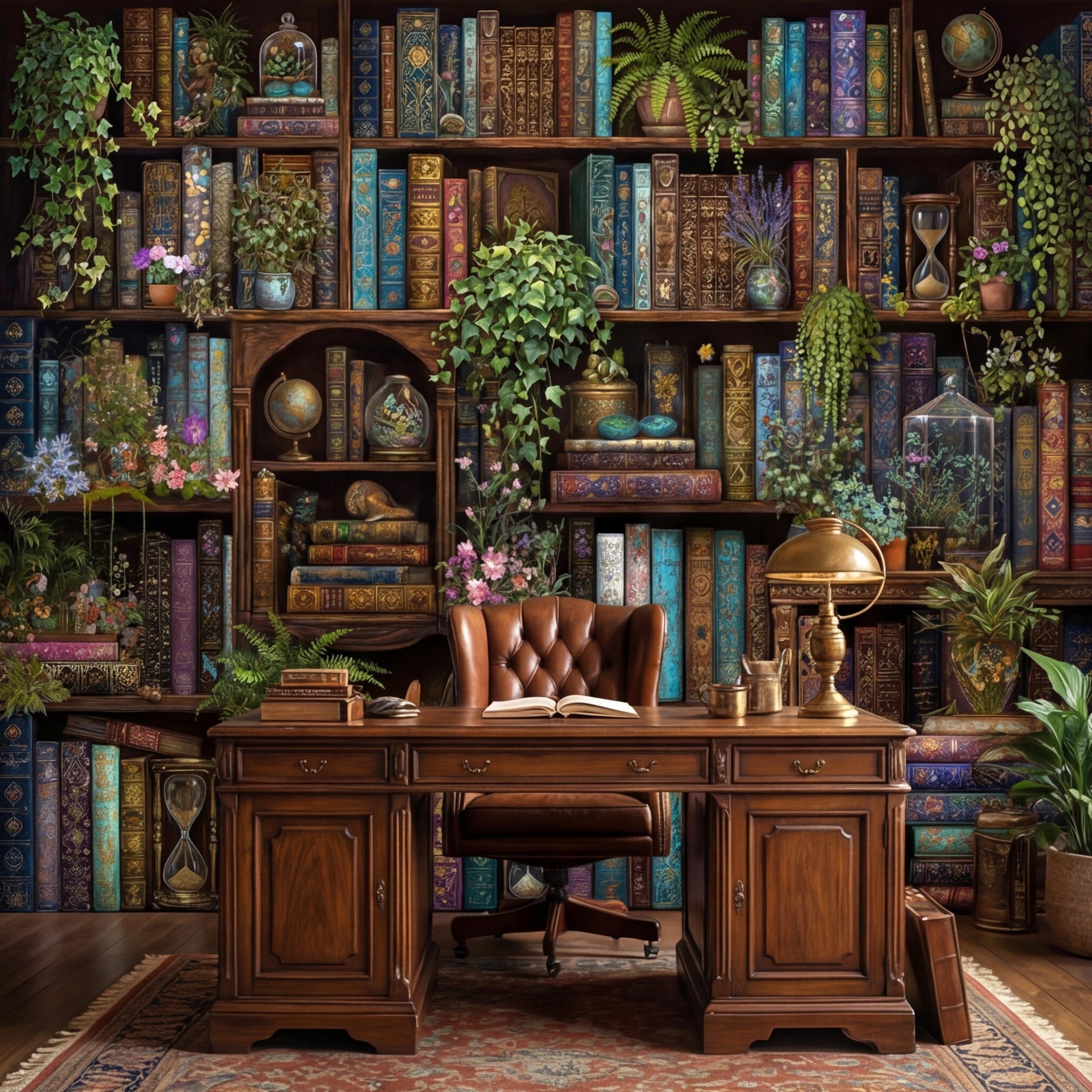 Vintage Library Bookshelf with Plants, Dark Academia Study, Antique Bookcase Bookshelves Peel and Stick Wall Mural