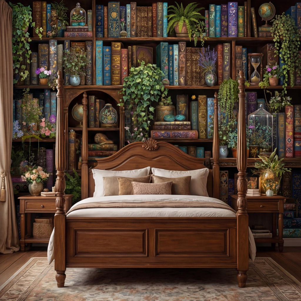 Vintage Library Bookshelf with Plants, Dark Academia Study, Antique Bookcase Bookshelves Peel and Stick Wall Mural