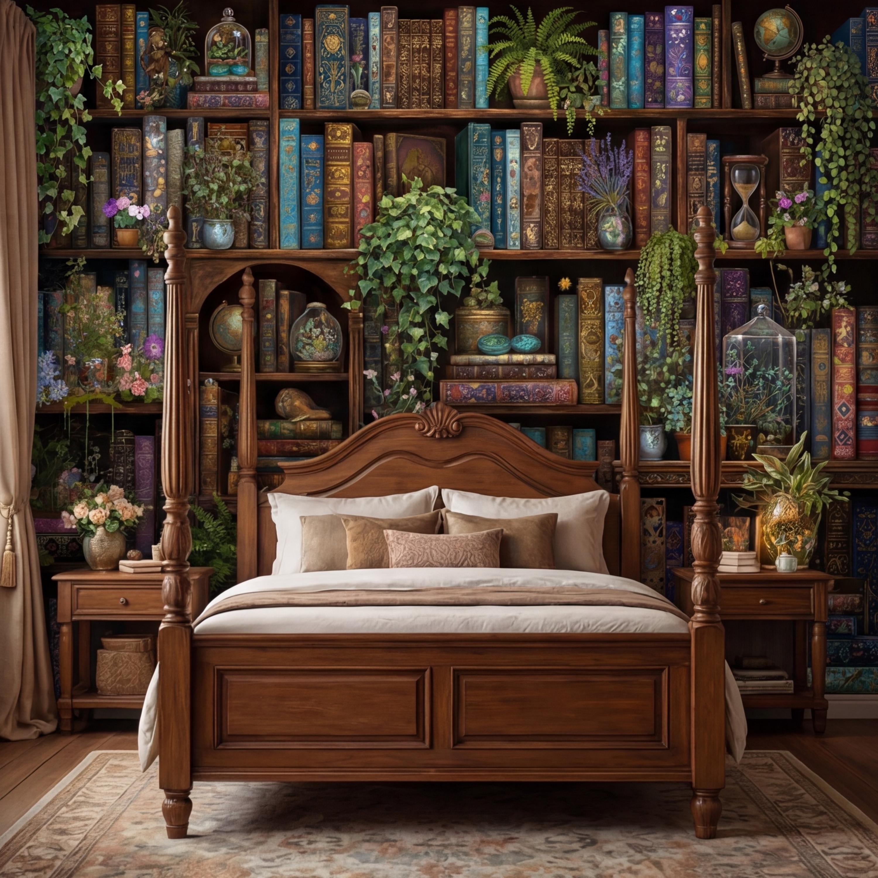 Vintage Library Bookshelf with Plants, Dark Academia Study, Antique Bookcase Bookshelves Peel and Stick Wall Mural