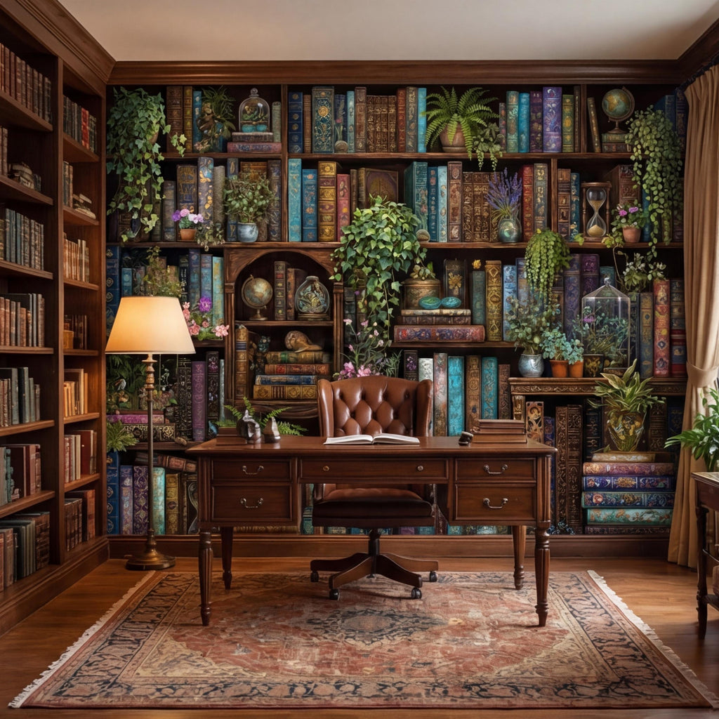Vintage Library Bookshelf with Plants, Dark Academia Study, Antique Bookcase Bookshelves Peel and Stick Wall Mural