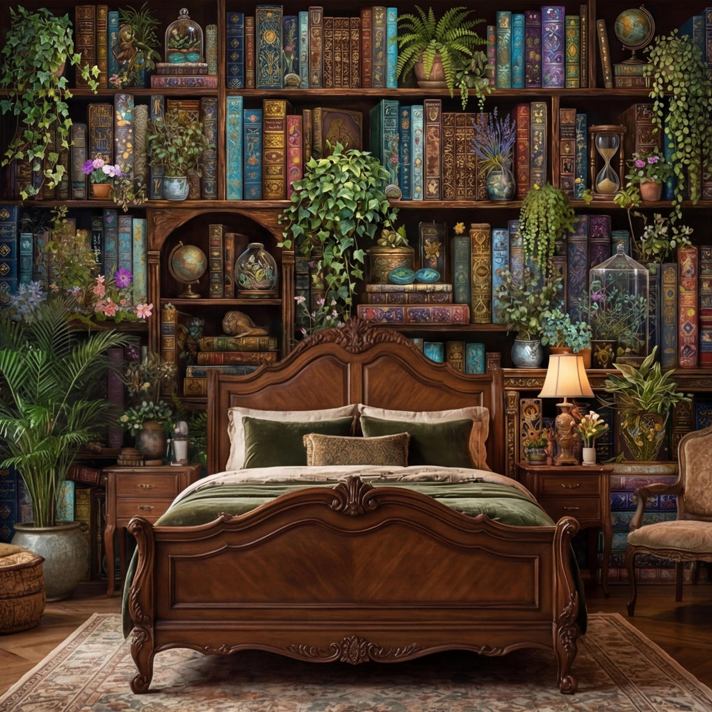 Vintage Library Bookshelf with Plants, Dark Academia Study, Antique Bookcase Bookshelves Peel and Stick Wall Mural