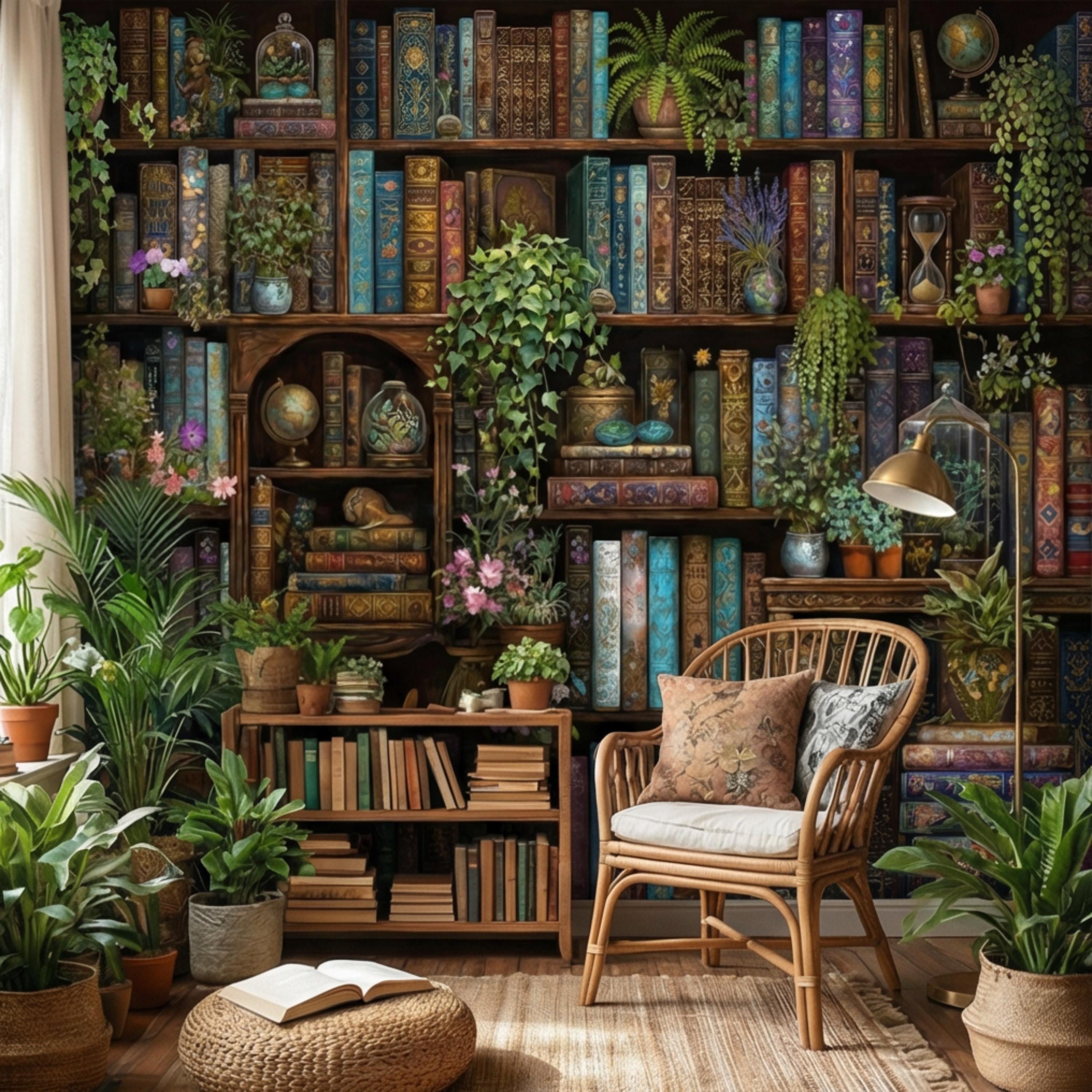Vintage Library Bookshelf with Plants, Dark Academia Study, Antique Bookcase Bookshelves Peel and Stick Wall Mural