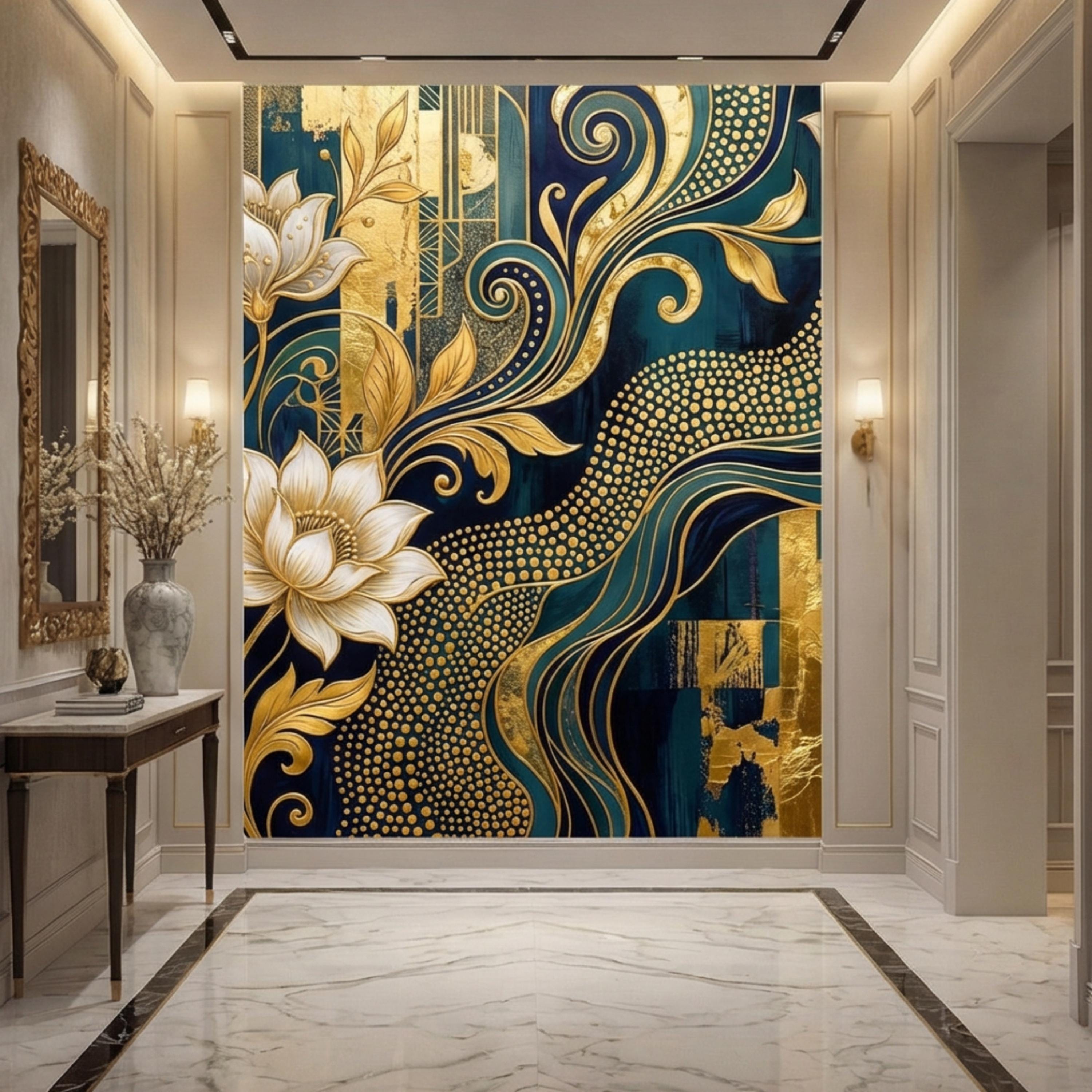 Art Deco Teal Navy & Gold Lotus Flowers Peel and Stick Wall Mural, Glam Geometric Floral Wallpaper, Bedroom Living Room Deco